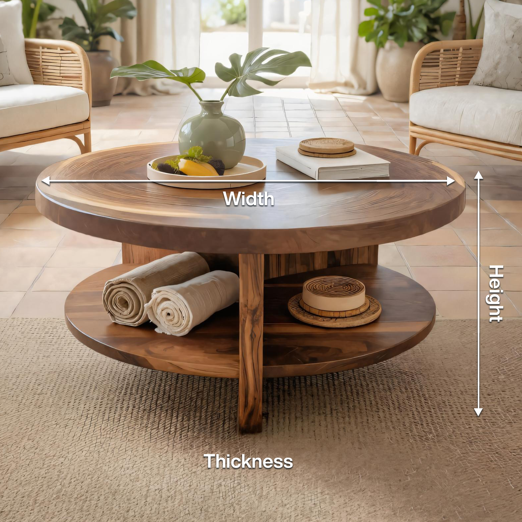 Modern Tropical Round Coffee Table With Shelf For Living Room SITHTTCF003