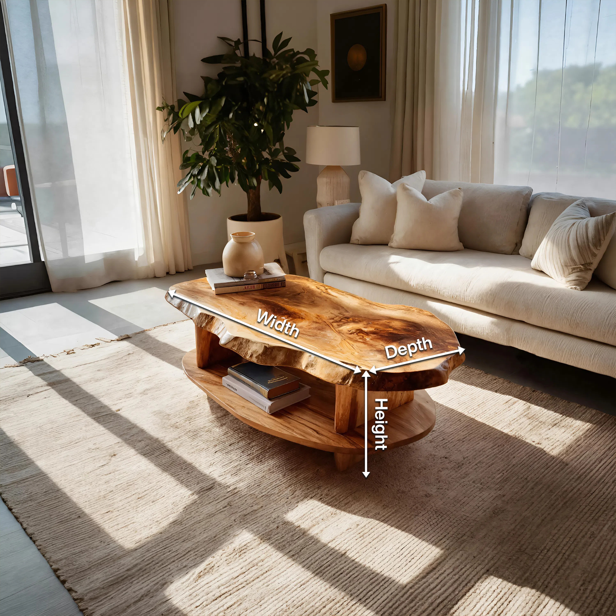 Rustic Coffee Table Live Edge And Shelf For Living RTTHTTCF032