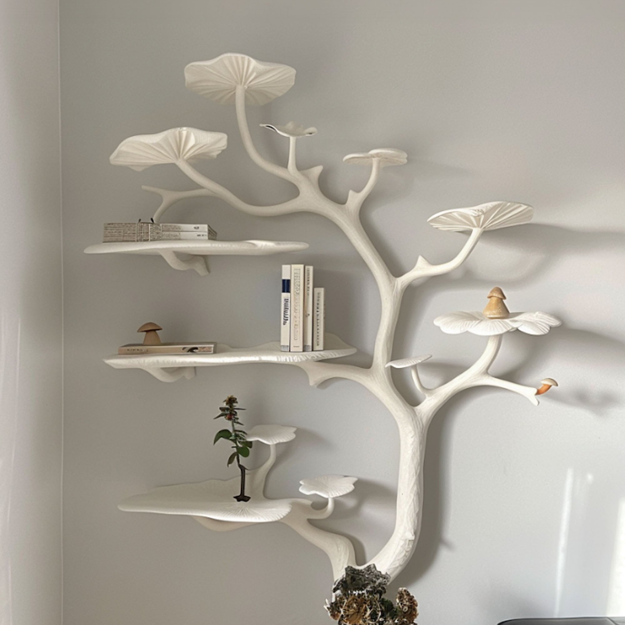 Natural Mushroom Tree Bookshelf Wall Mounted Wild Mulberry Wood Decor SINLTB012