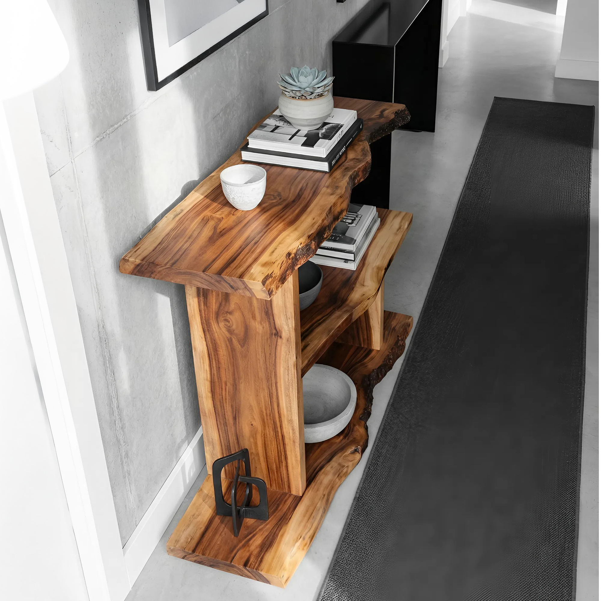 Artistic Wooden Live Edge Standing Shelf For Entryway Storage Design SILDTTNFGS008
