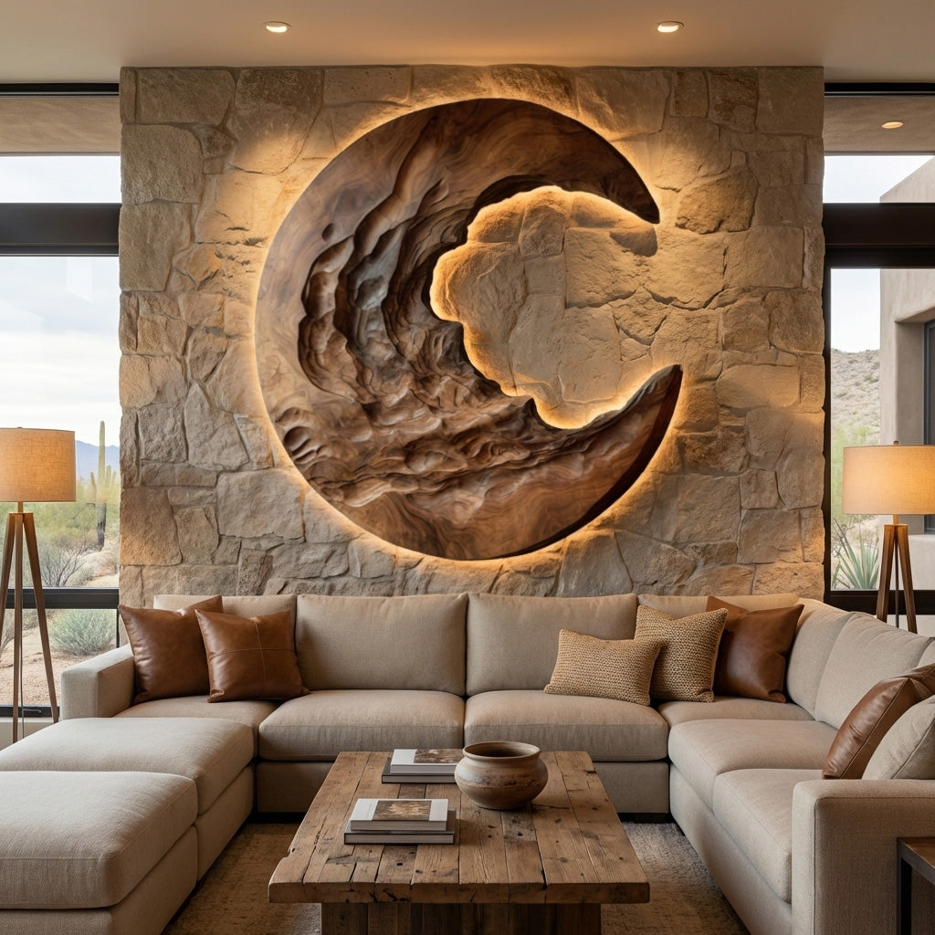 Organic Modern Crescent Wood Wall Art With Light For Living Room RTTHHNWA170