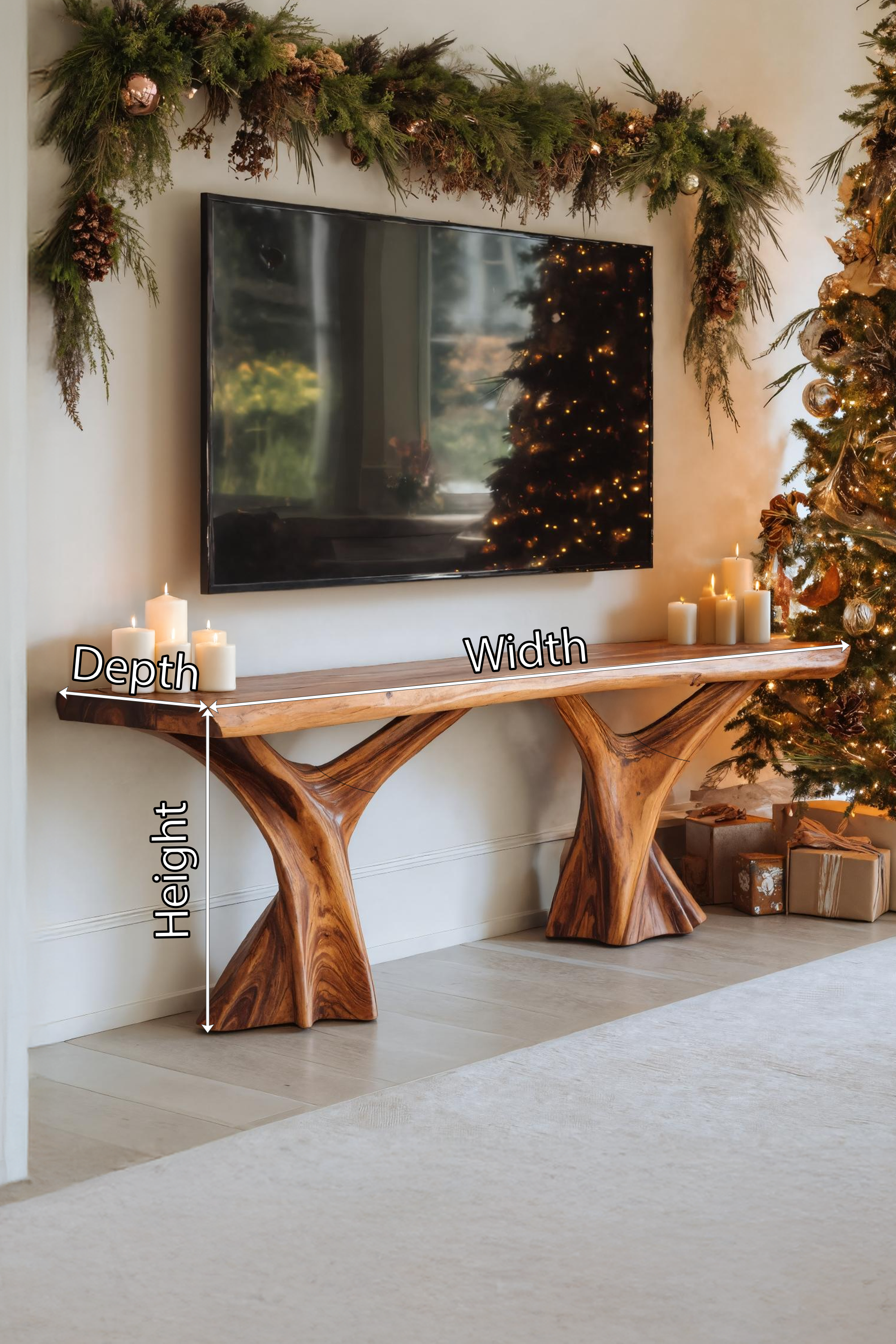 Handcrafted Wooden Live Edge TV Console For Winter Decor Gift SILDTTRCTV043