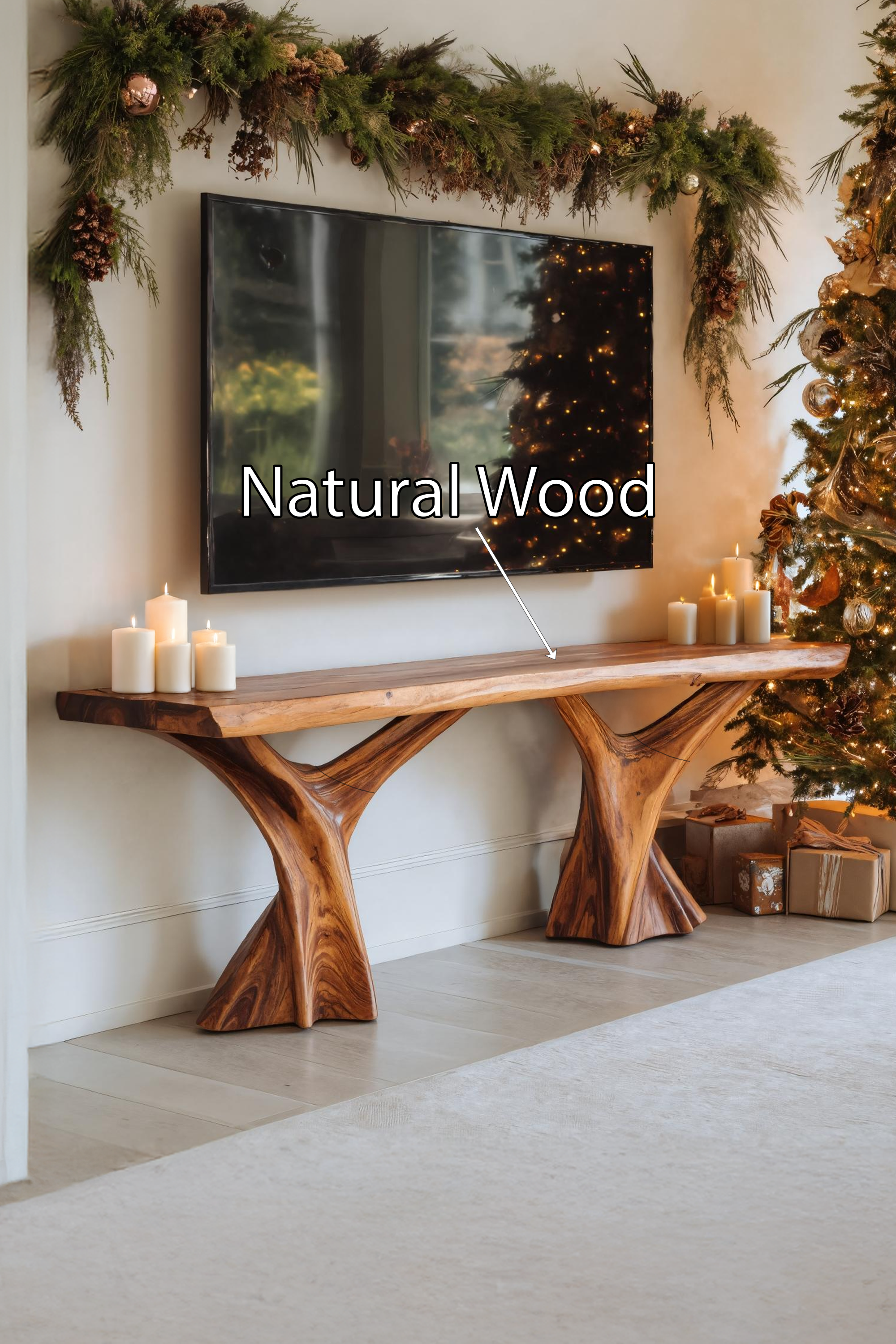 Handcrafted Wooden Live Edge TV Console For Winter Decor Gift SILDTTRCTV043
