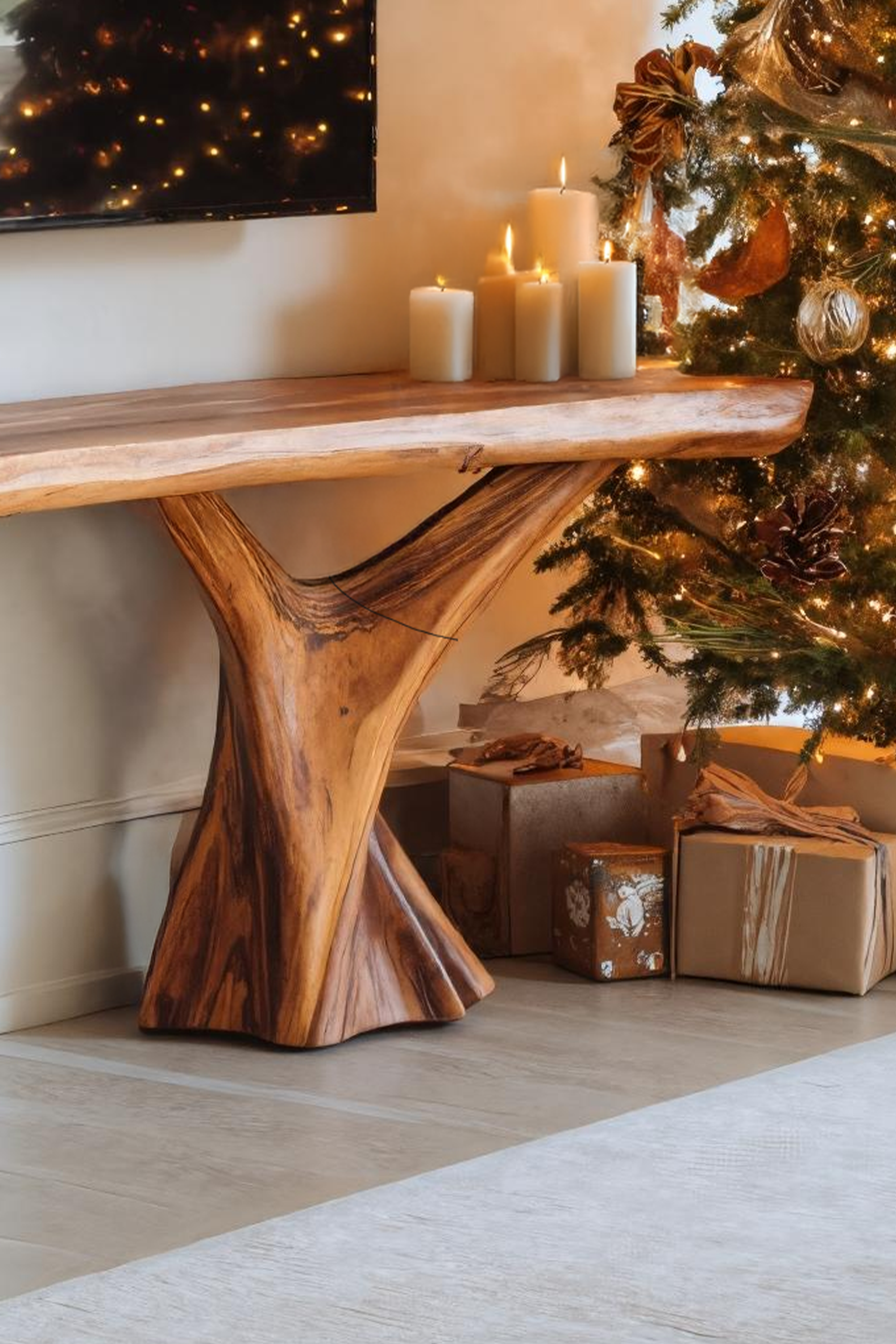 Handcrafted Wooden Live Edge TV Console For Winter Decor Gift SILDTTRCTV043