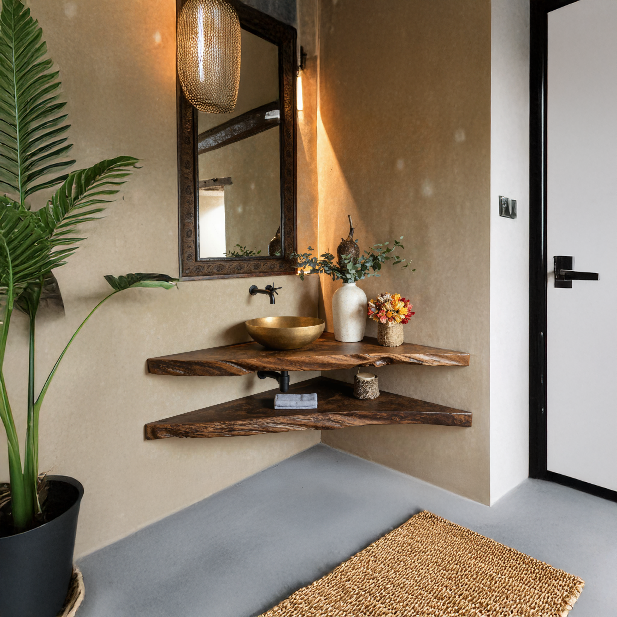 Rustic Wood Corner Bathroom Vanity Shelf SILDTBRV069