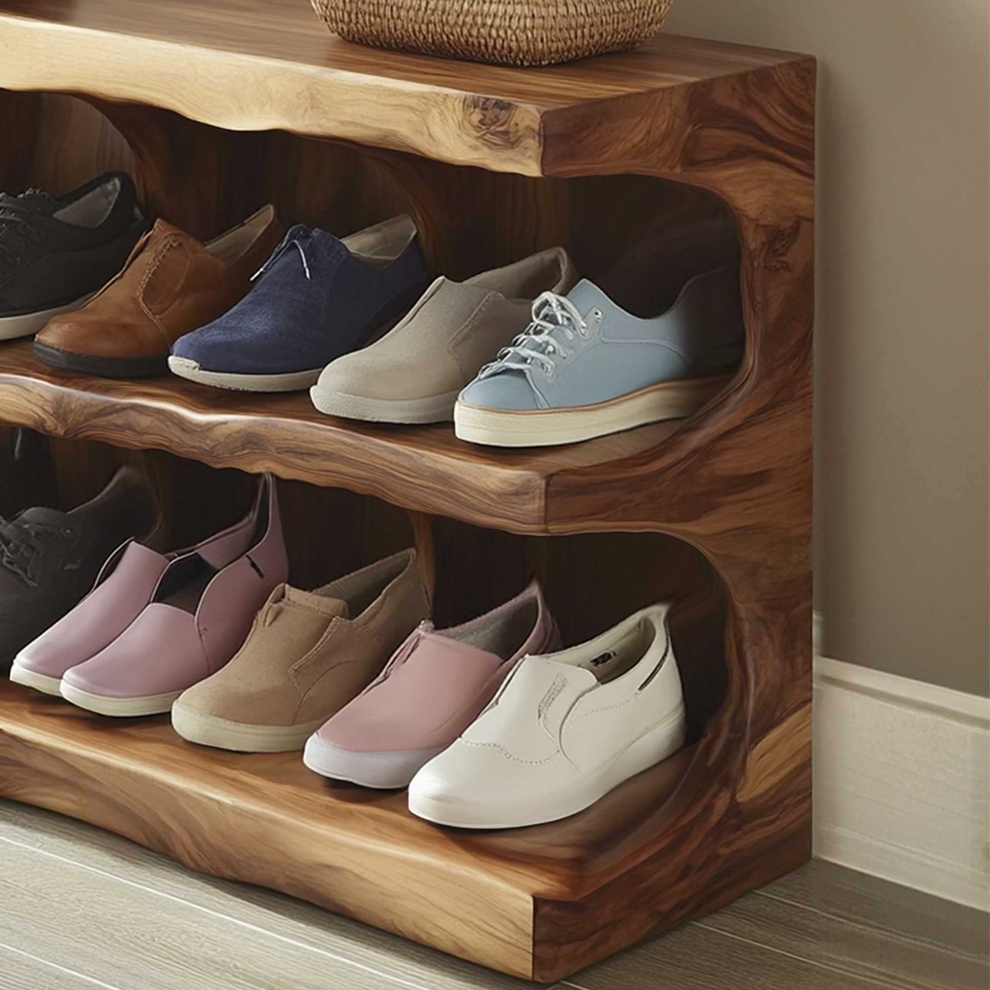 Midcentury Entryway Woven Shoe Rack Bench Storage SINLSB008