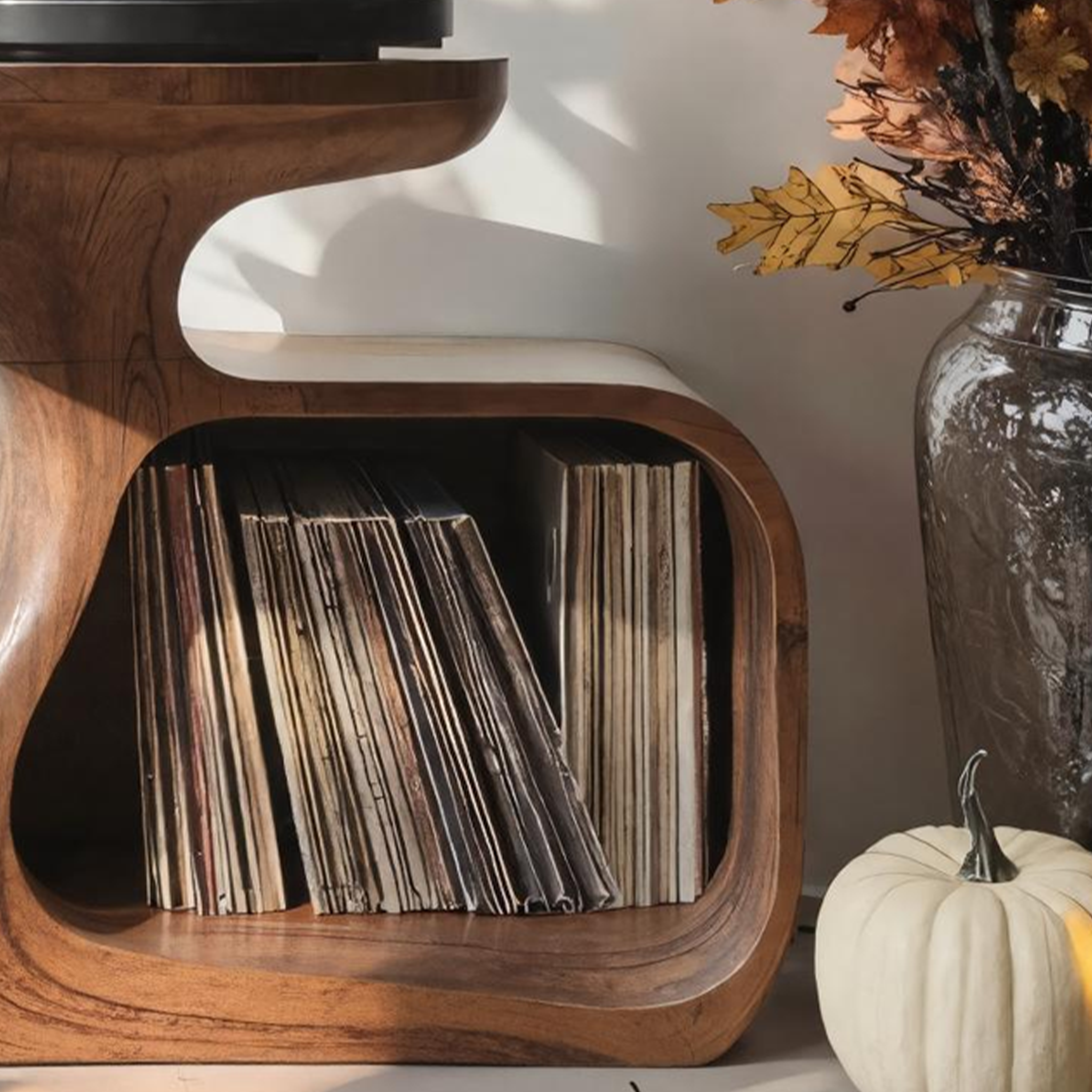 Mid Century Wooden Live Edge Record Stand For Living Room Halloween Decor SILDTTNHRS001