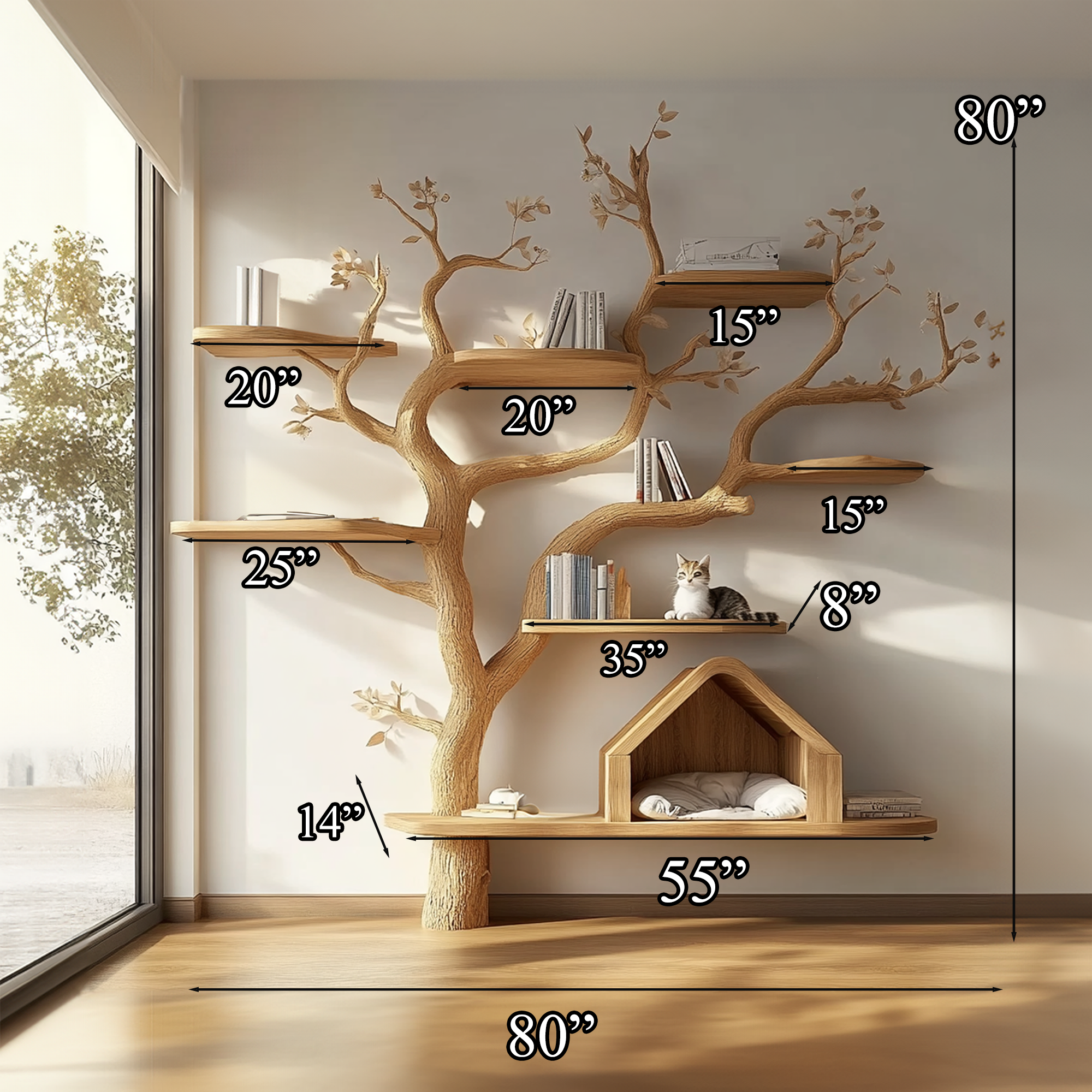 Pet House Cat Tree Natural Wood Cat Furniture Gift Cat Love SINLTT011