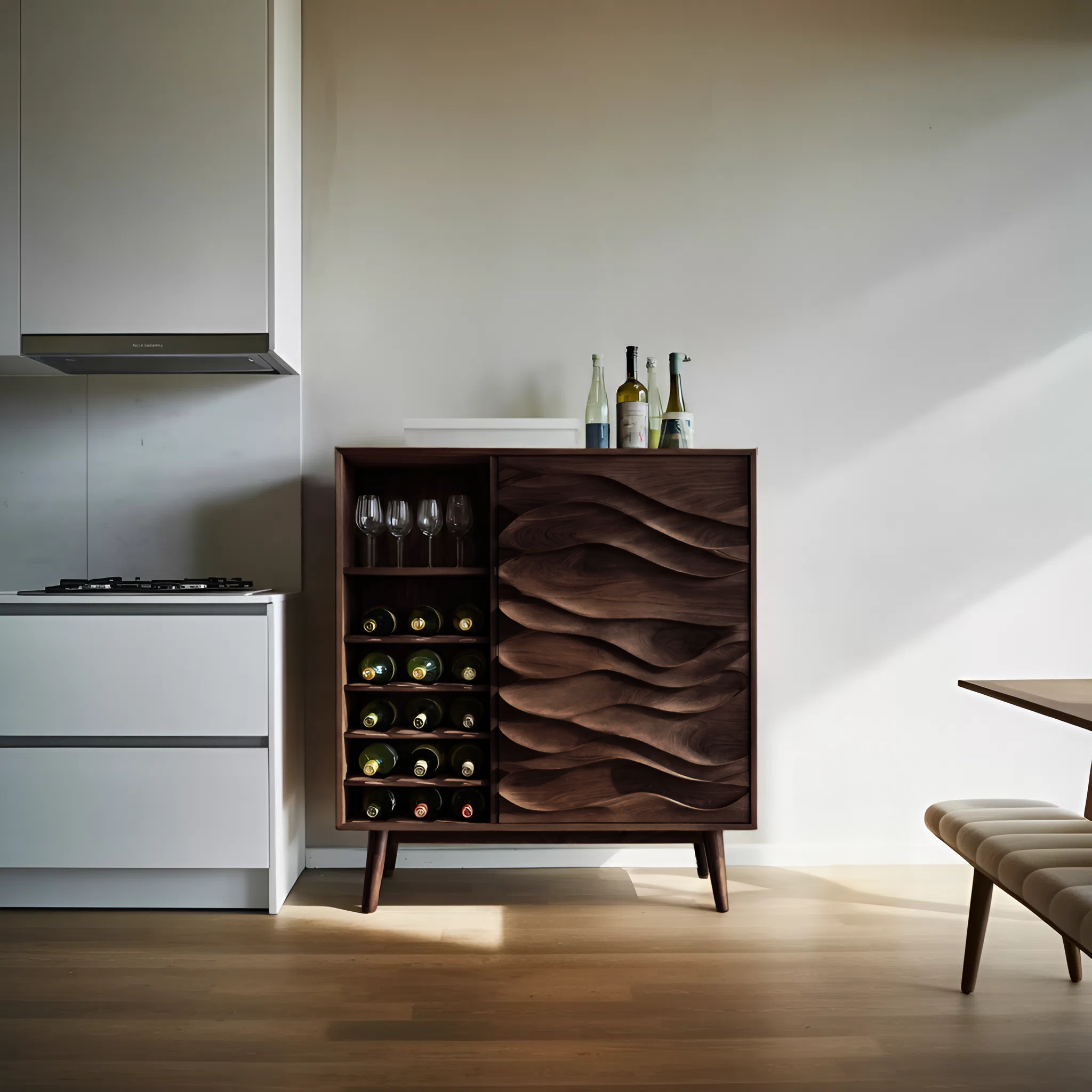 Sculptural Wine Cabinet With Wave Carved Doors For Kitchen SITHTTBCA013
