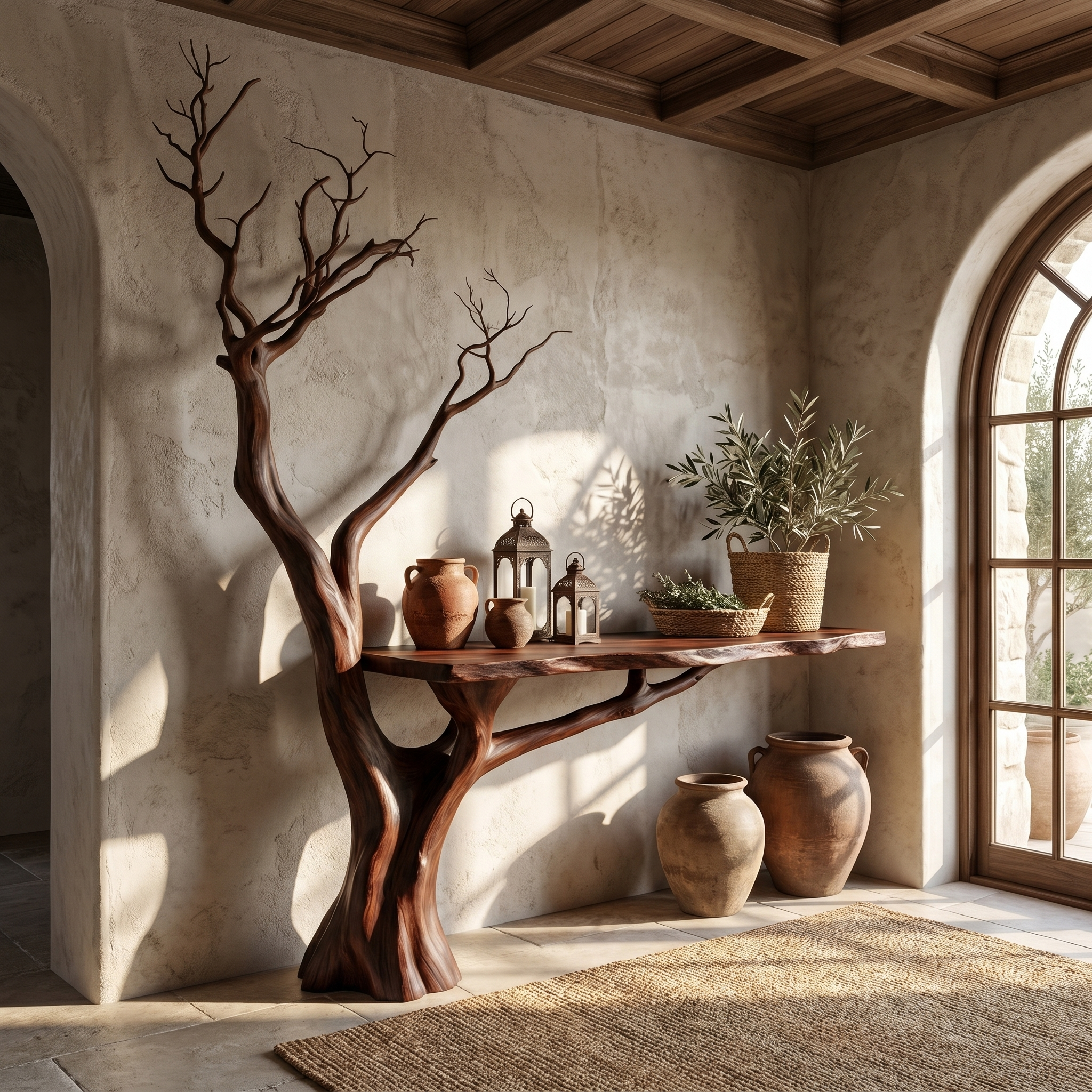 Rustic Console Table Sculpted Wood Tree Hallway Entrance SINLSACS392