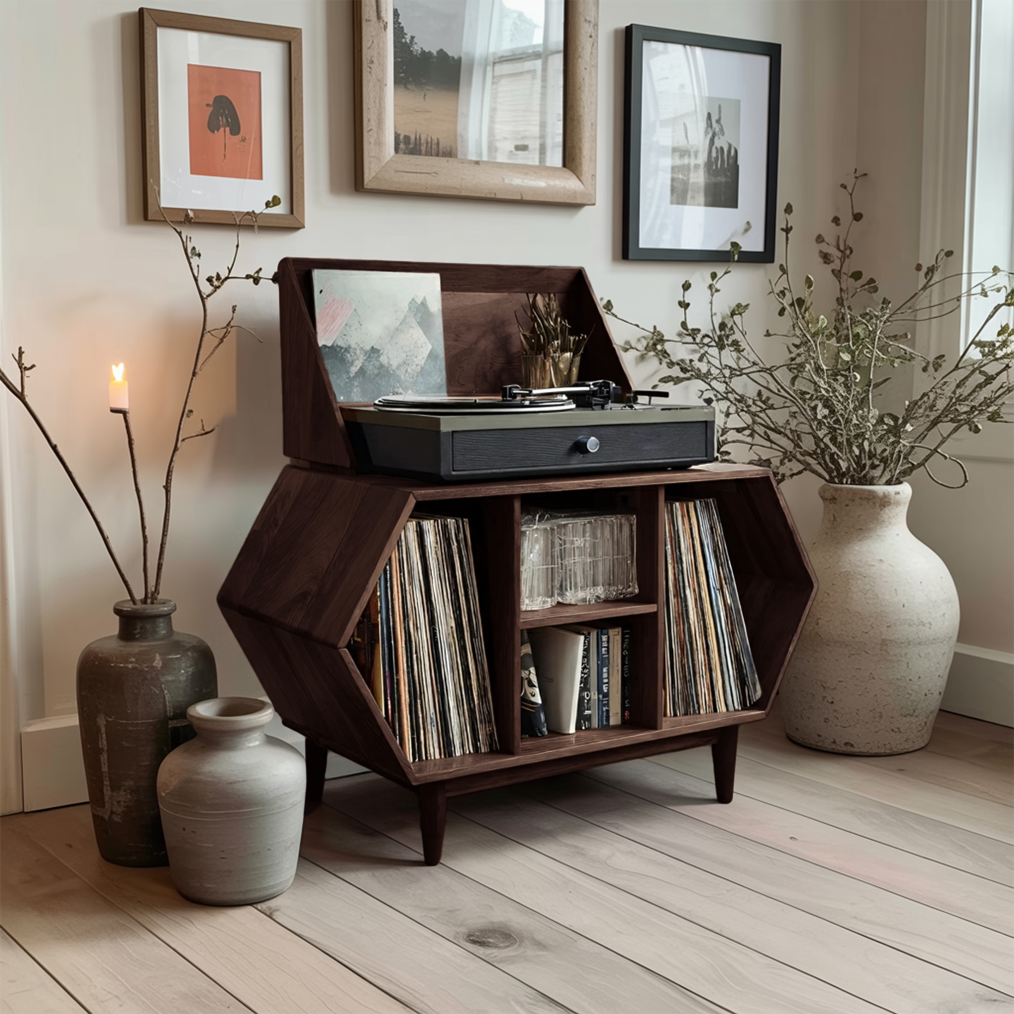 Farmhouse Solid Wood Record Stand For Entryway Furniture Decor SILDTTNRPT017