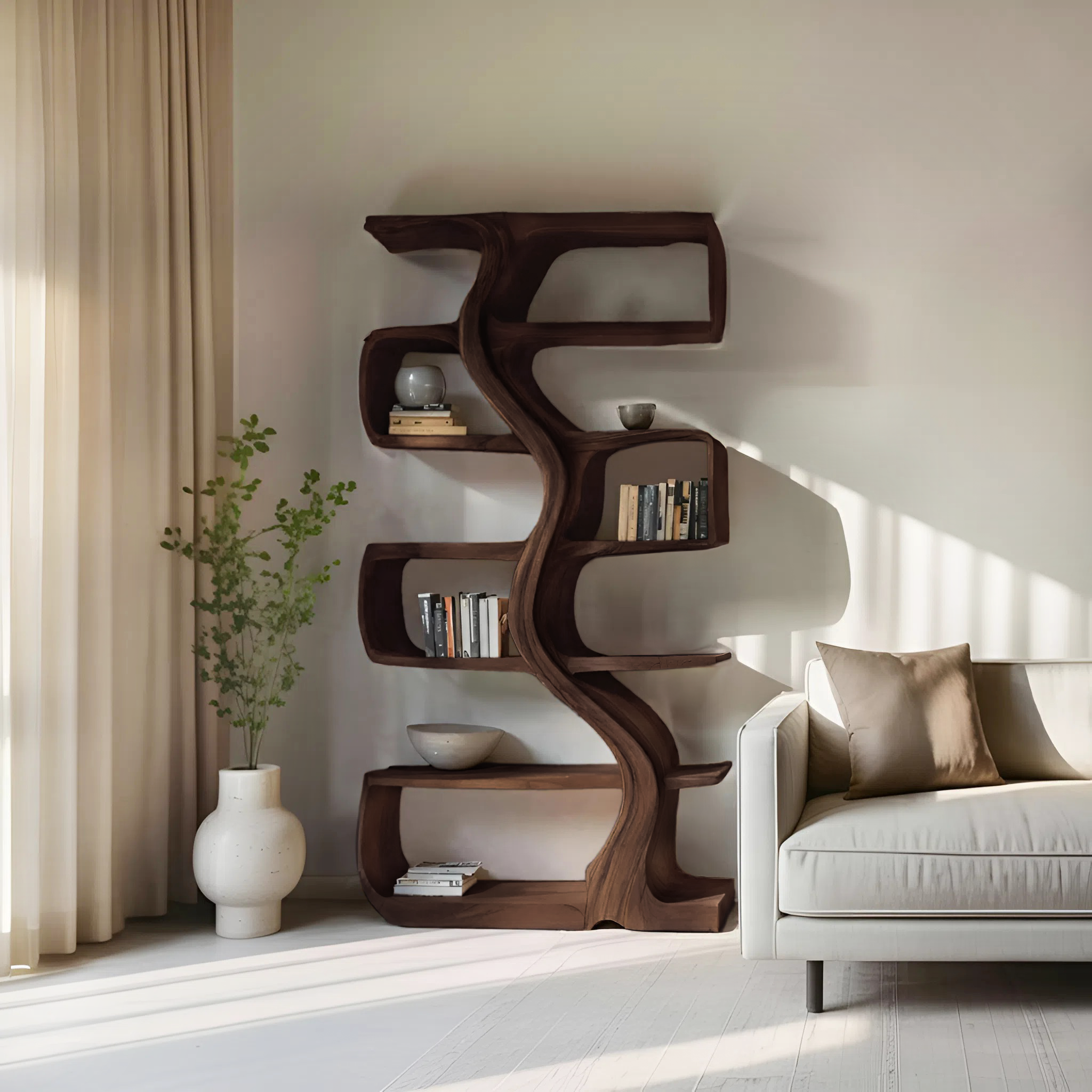 Organic Sculptural Bookshelf With Wavy Design For Living Room SITHHNBS069