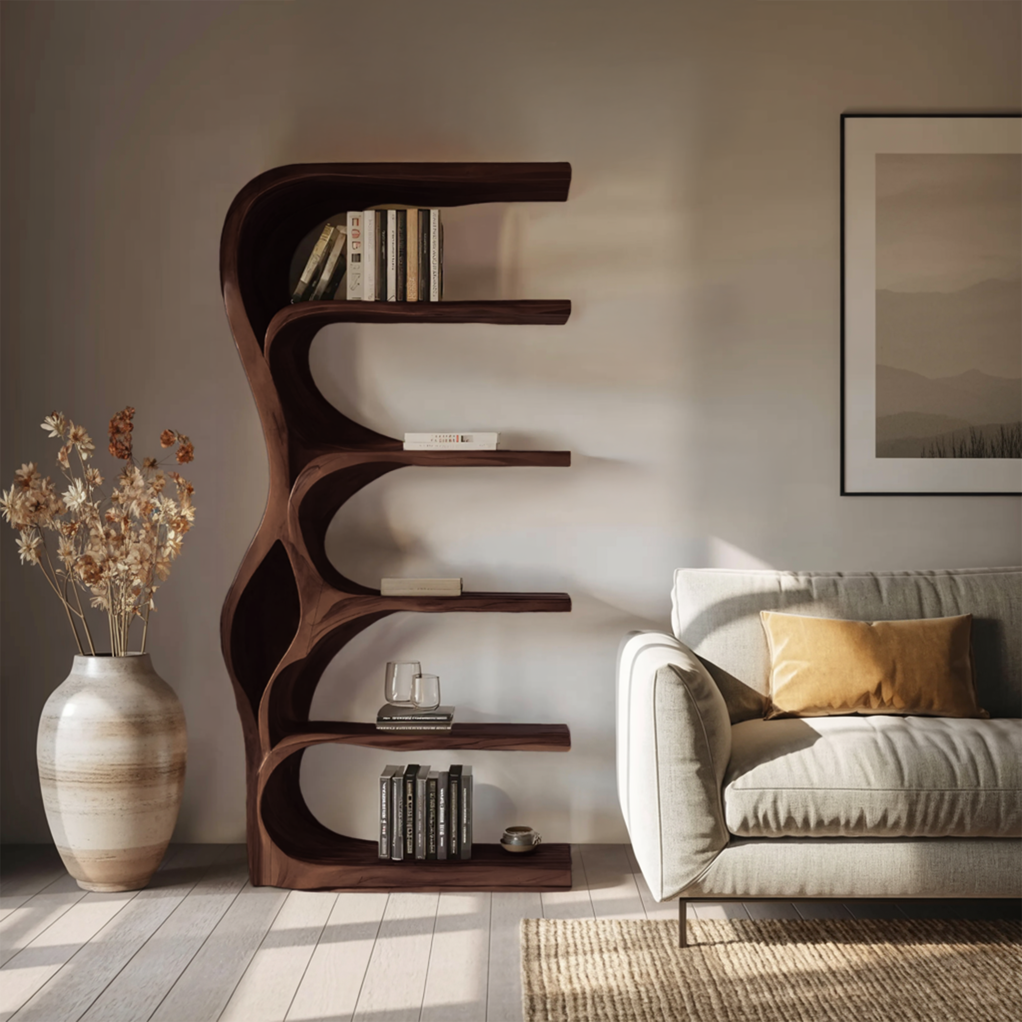 Organic Bookshelf With Curved Open Shelving For Bedroom Decor SITHHNBS067