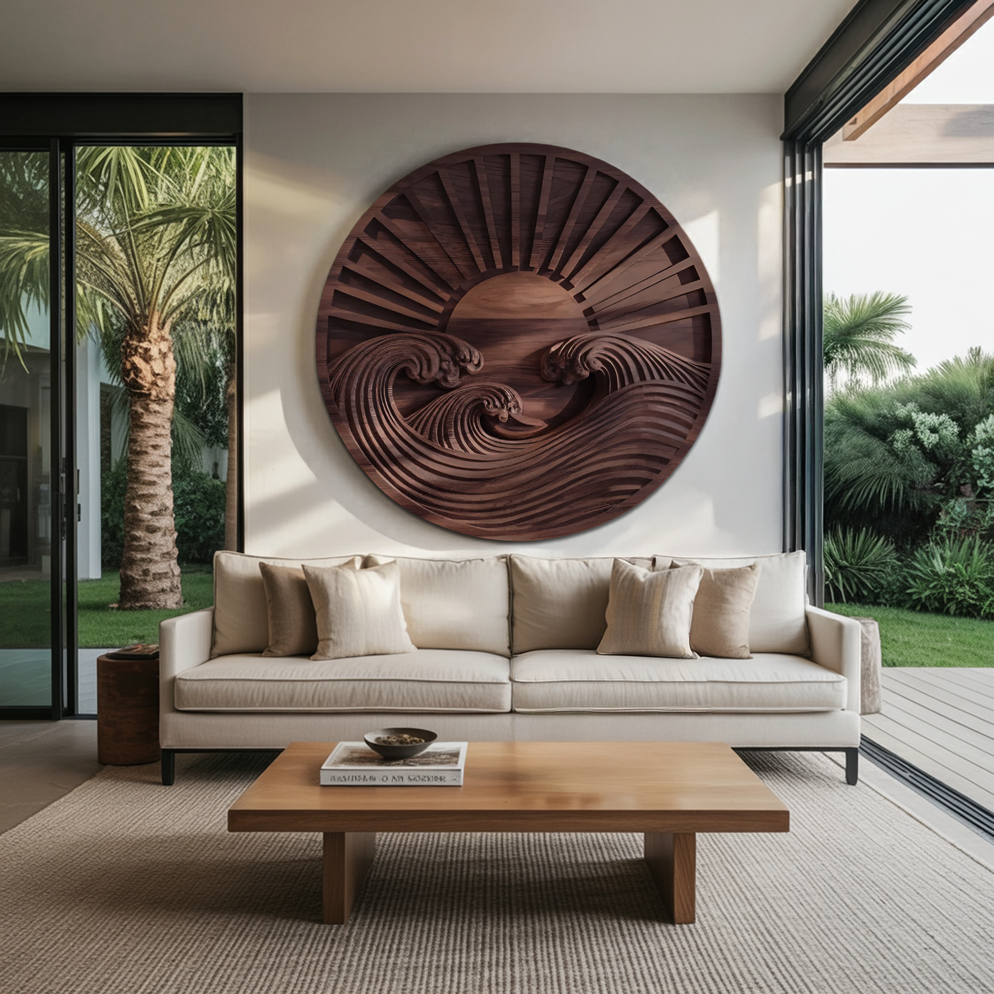Round Wall Art With Carved Sun And Waves For Bedroom SITHTTWA011