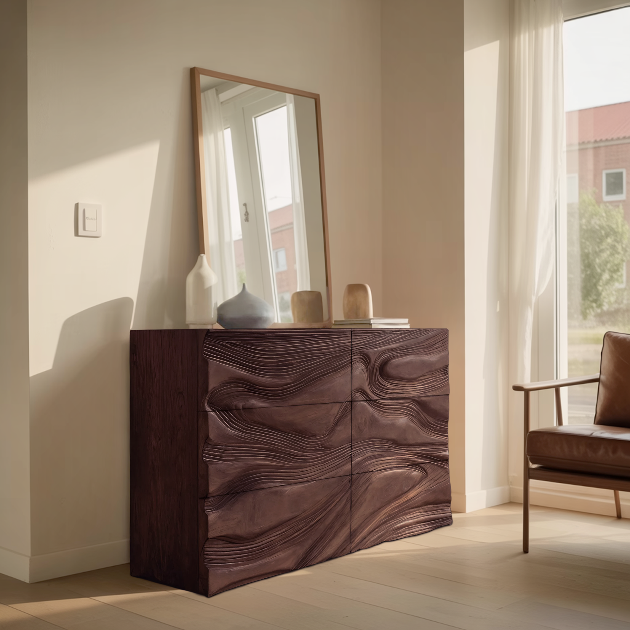 Minimalist Wooden Sideboard With Sculpted Wave Front For Living Decor RTTHHNSD010