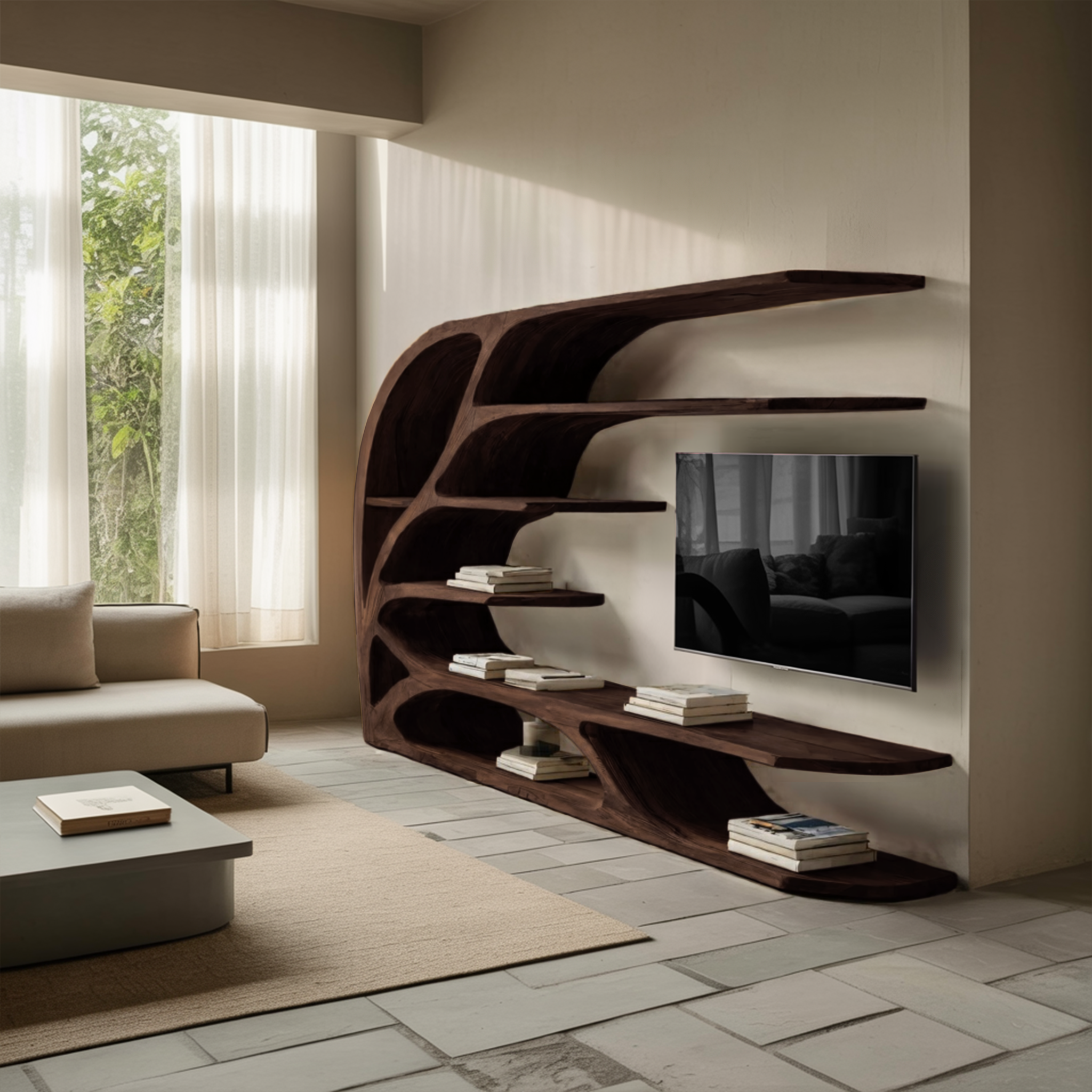 Modern Sculptural Wavy Carved Media Console For Living Room SITHHNTVC042