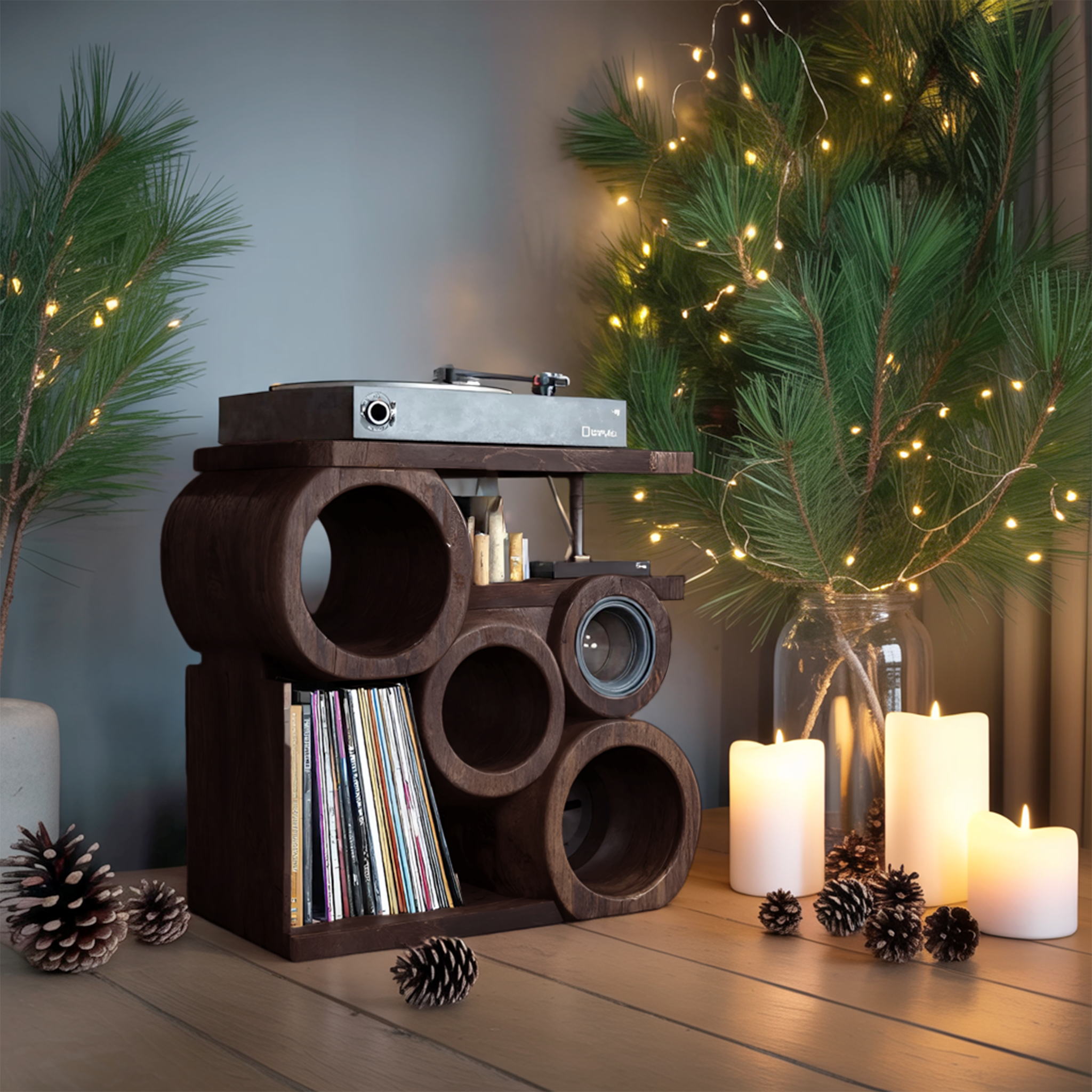 Farmhouse Solid Wood Record Stand For Rustic Christmas Home SILDTTNCRS010