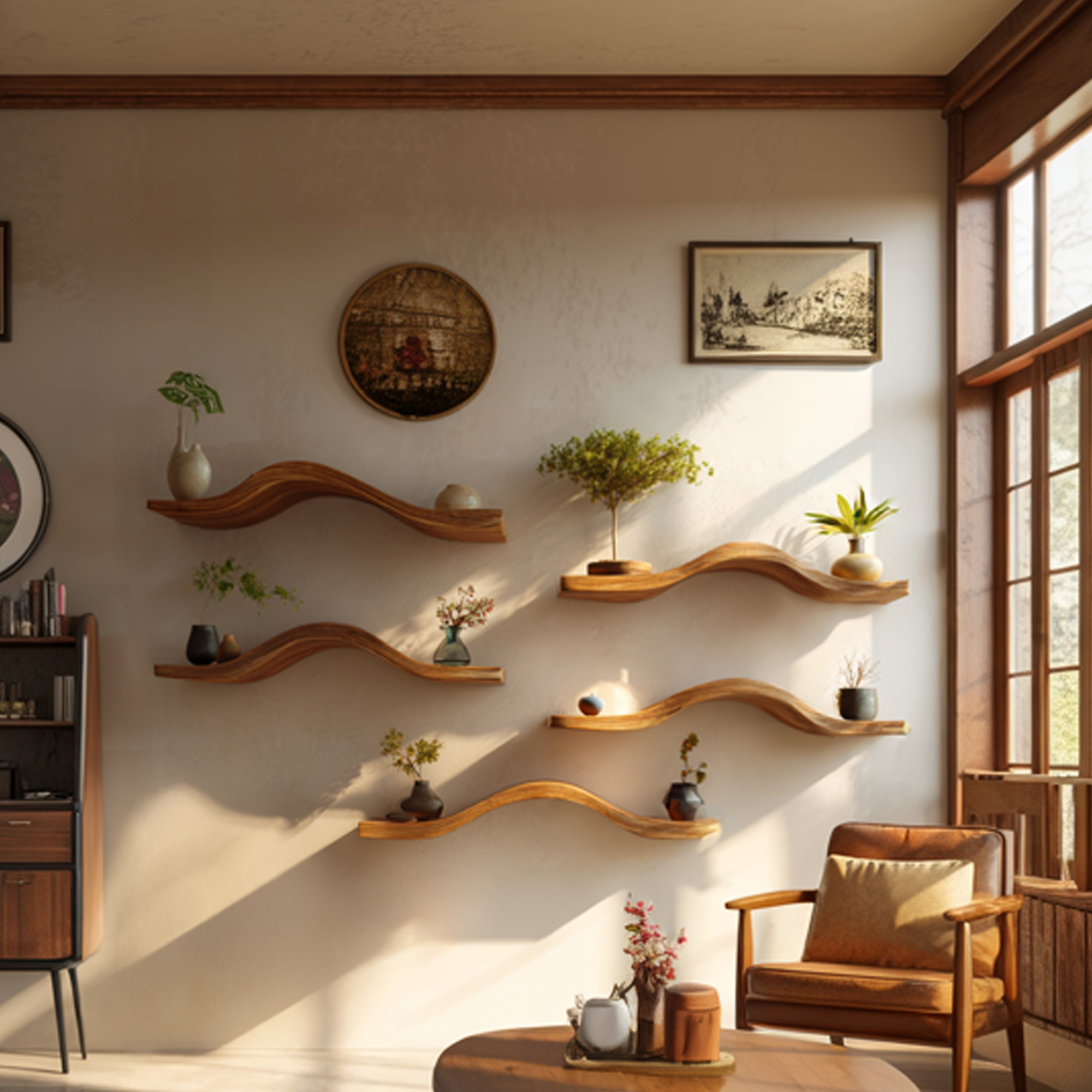 Curved Solid Wood Floating Shelves Organic Modern Living Room Interior SINLKIFL366