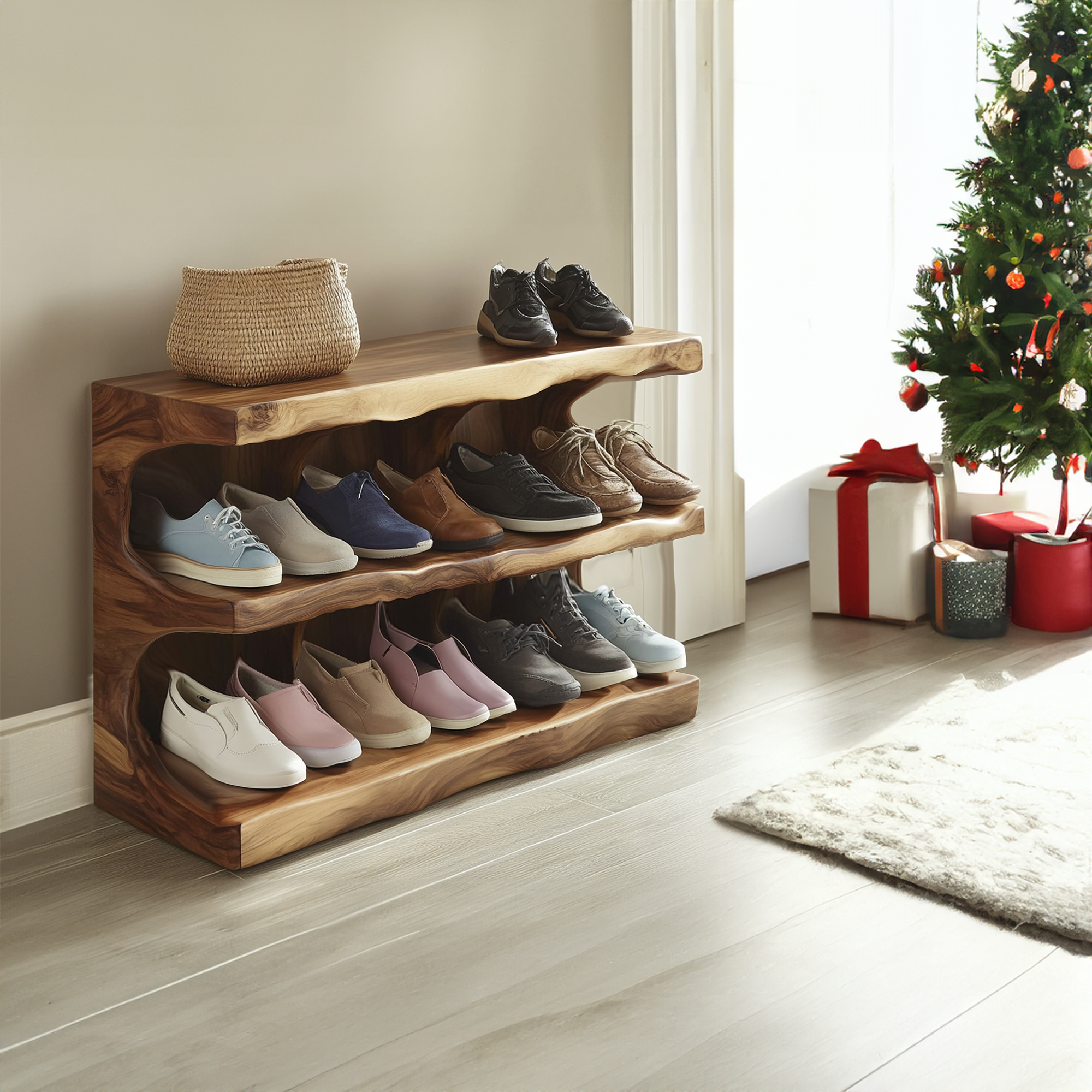 Midcentury Entryway Woven Shoe Rack Bench Storage SINLSB008