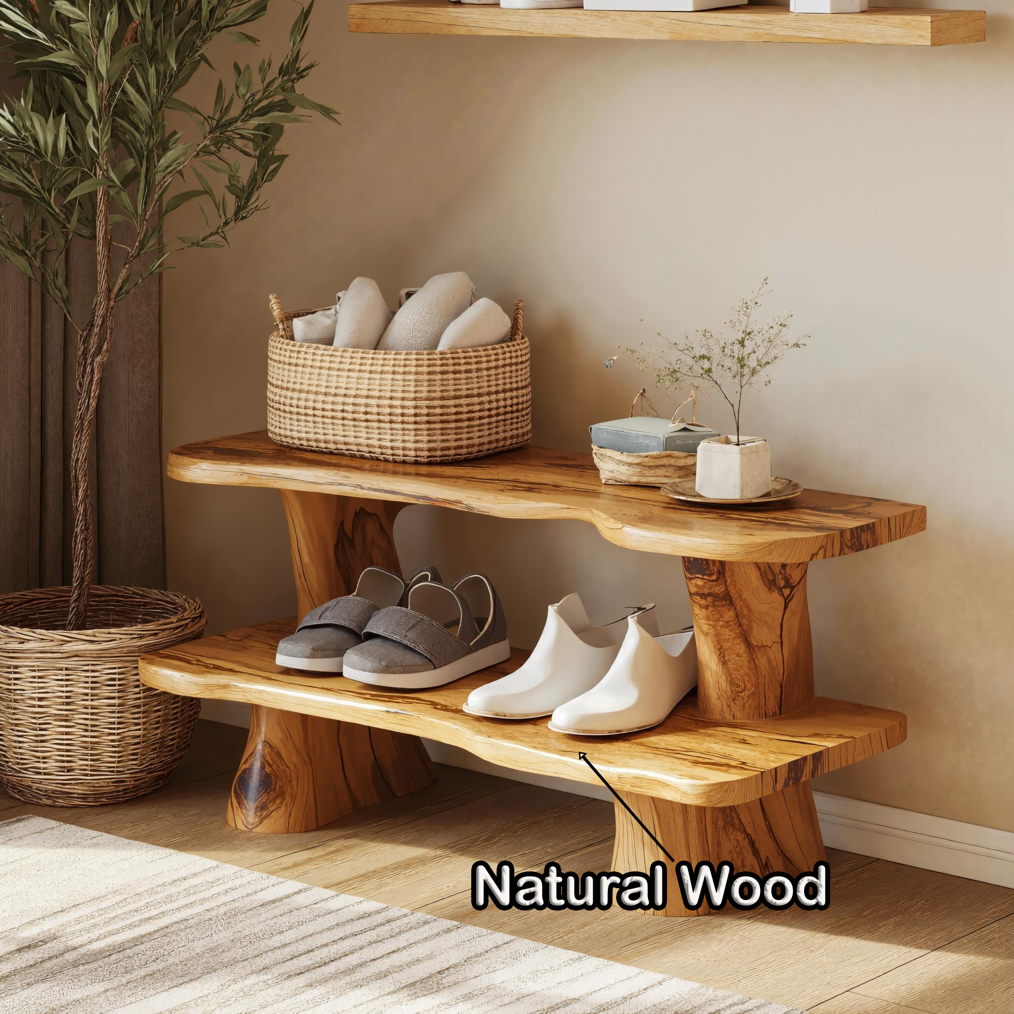 Rustic Natural Wood Shoe Bench For Entryway Storage SILDTSHB001
