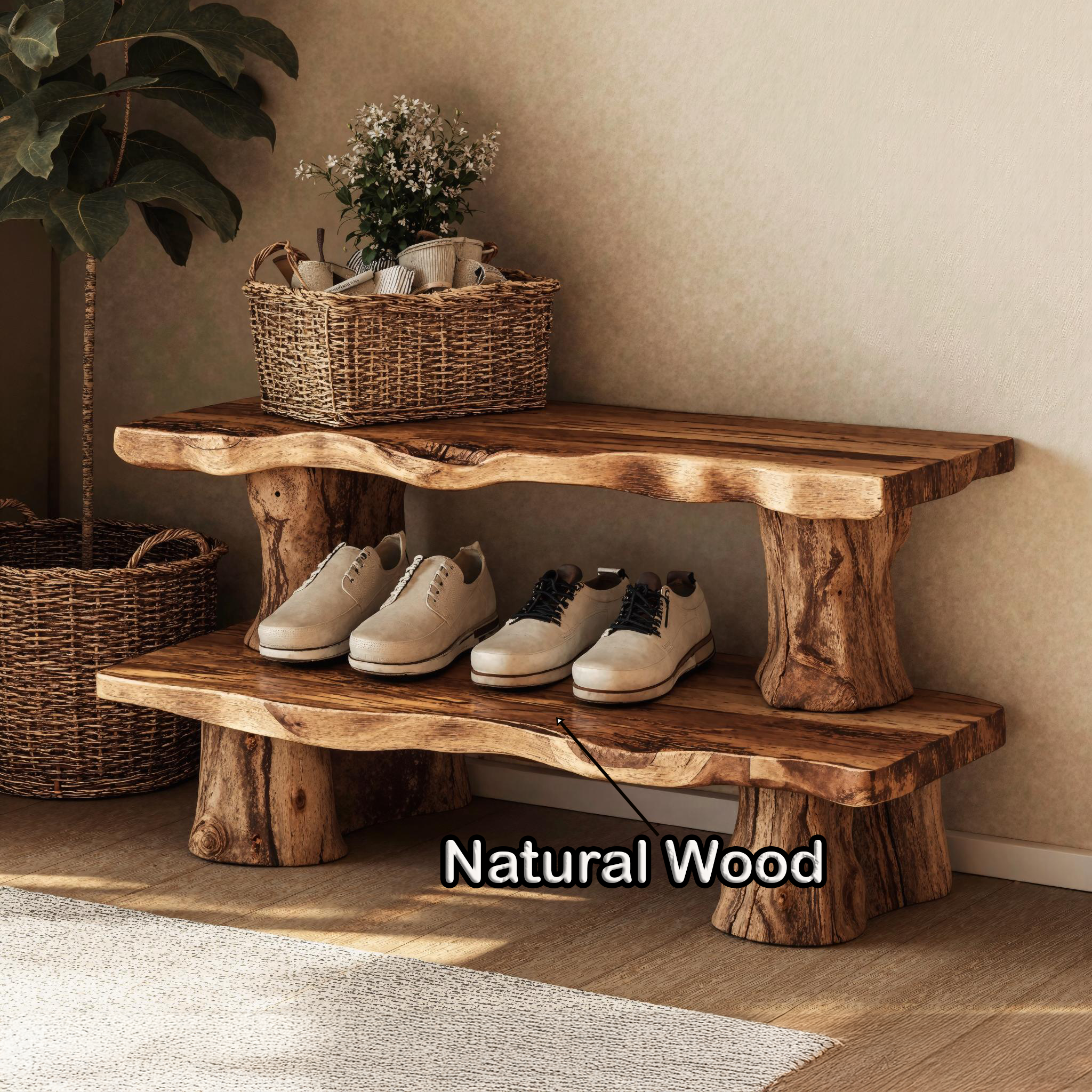 Vintage Natural Wood Shoe Bench For Traditional Home Decor SILDTSHB006