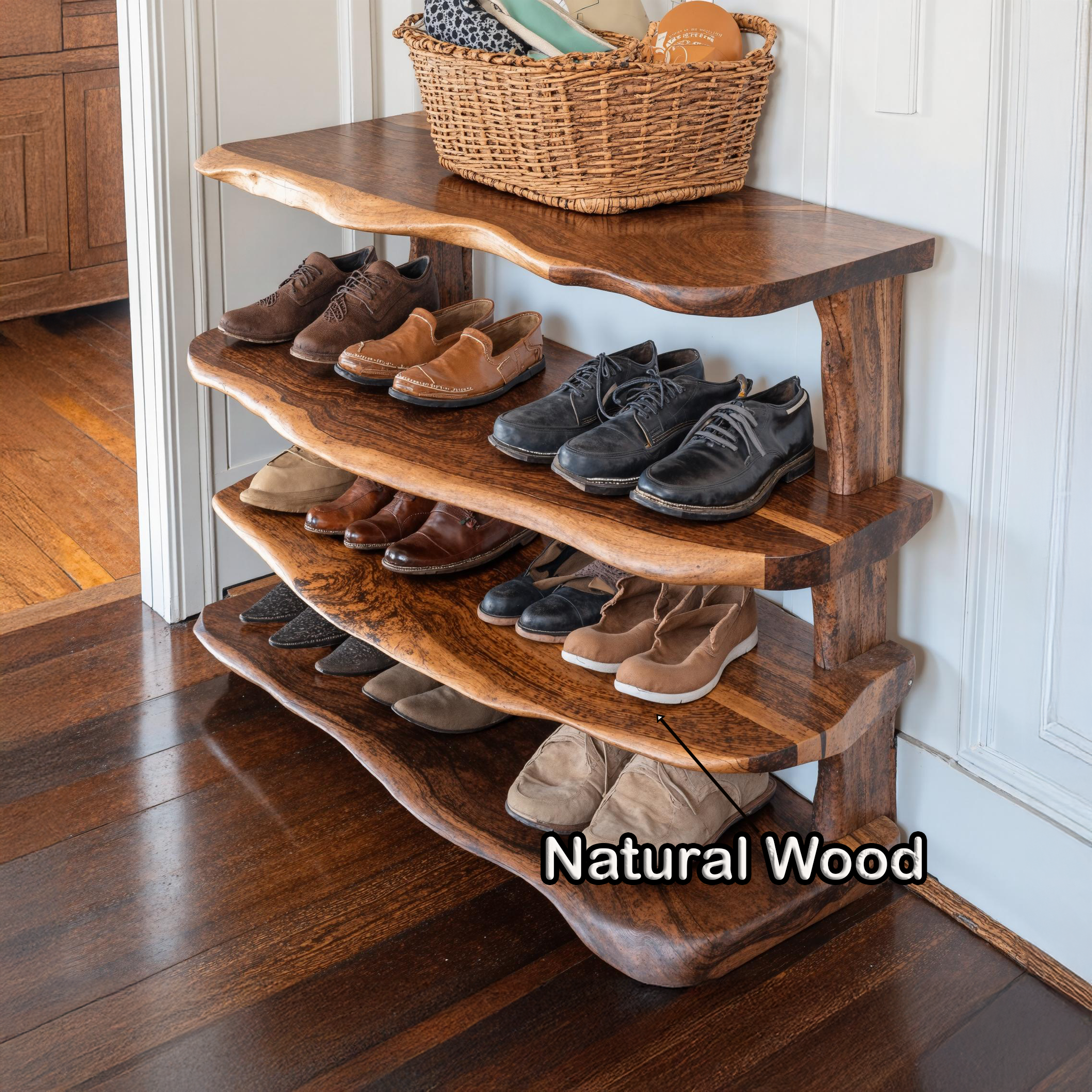 Rustic 4-Tier Natural Wood Shoe Bench For Entryway SILDTSHB022