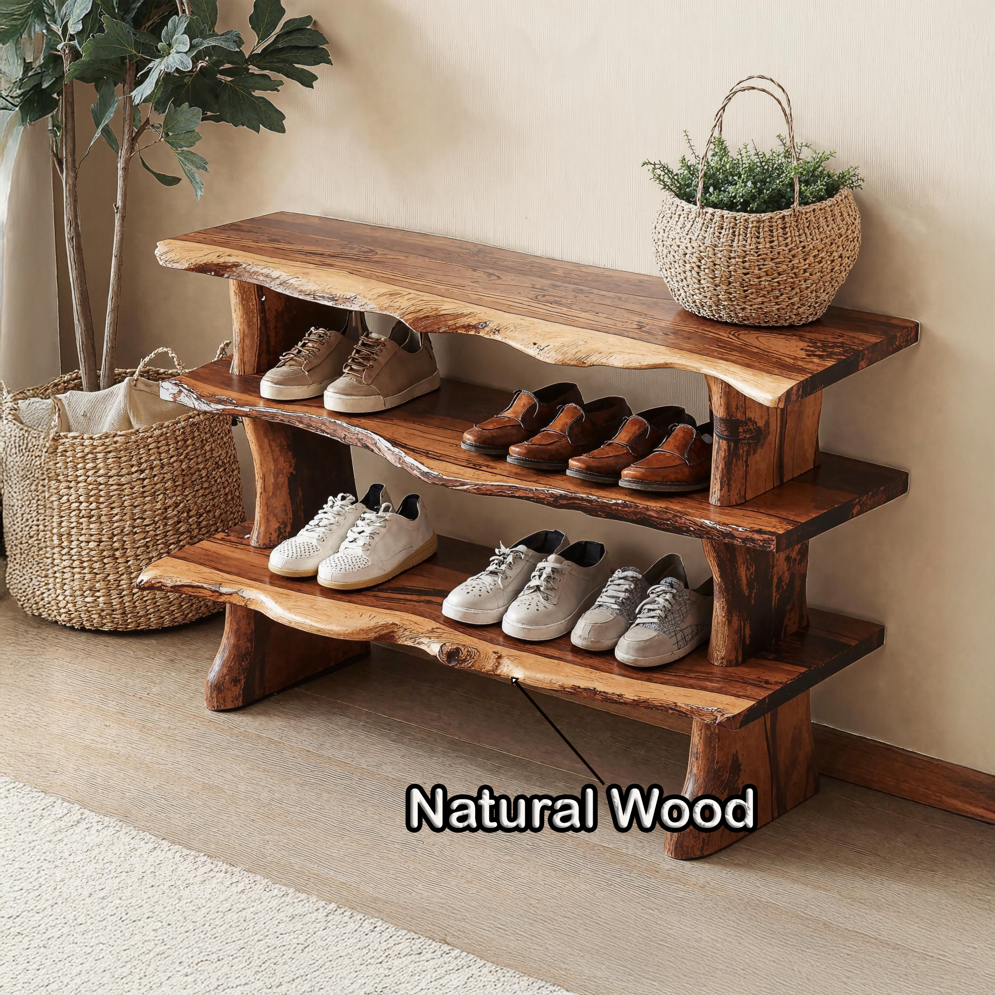 Handcrafted Natural Wood Shoe Bench For Front Door Area SILDTSHB007