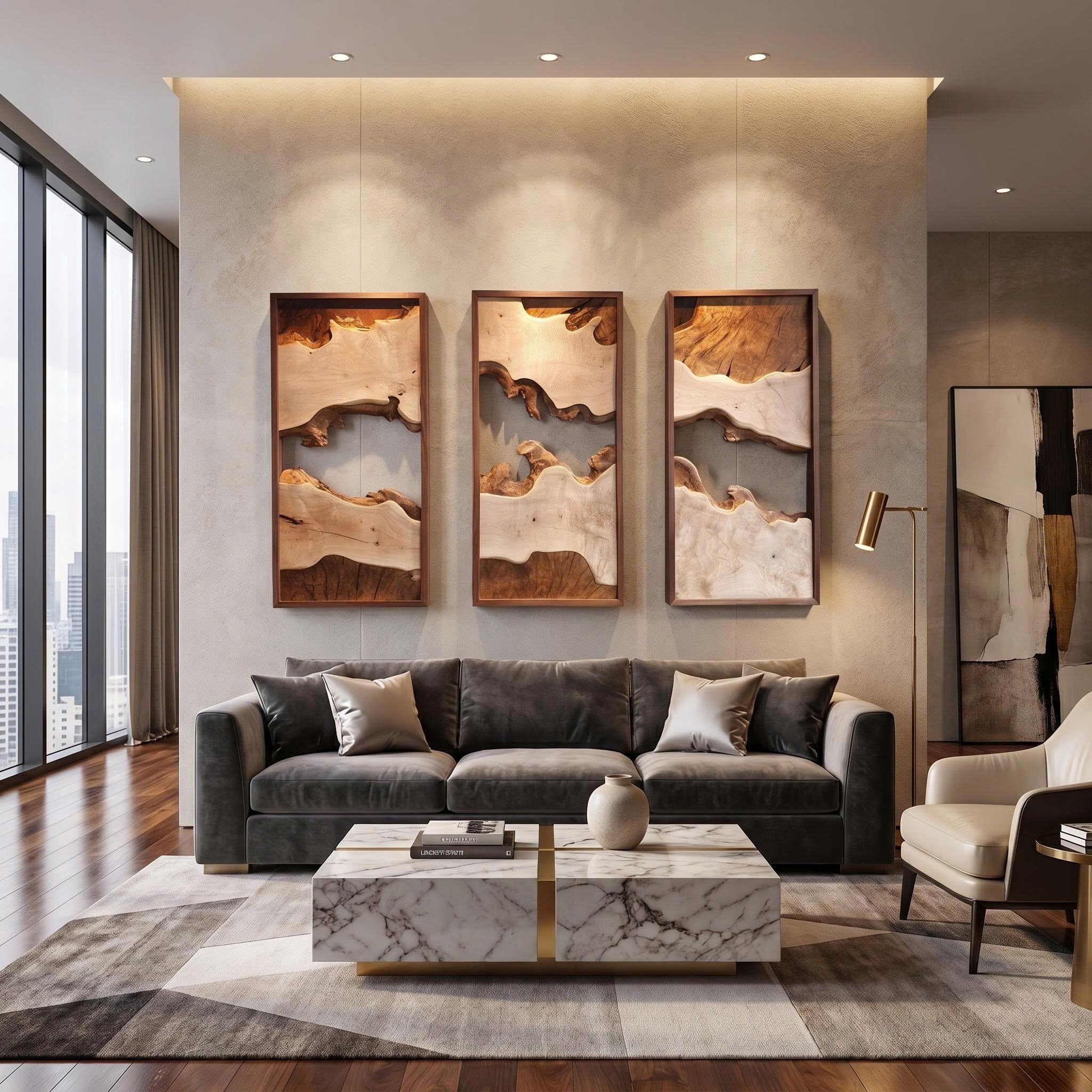 Modern Solid Wood Wall Art Set Abstract Landscape Living Room SINLSAWD002