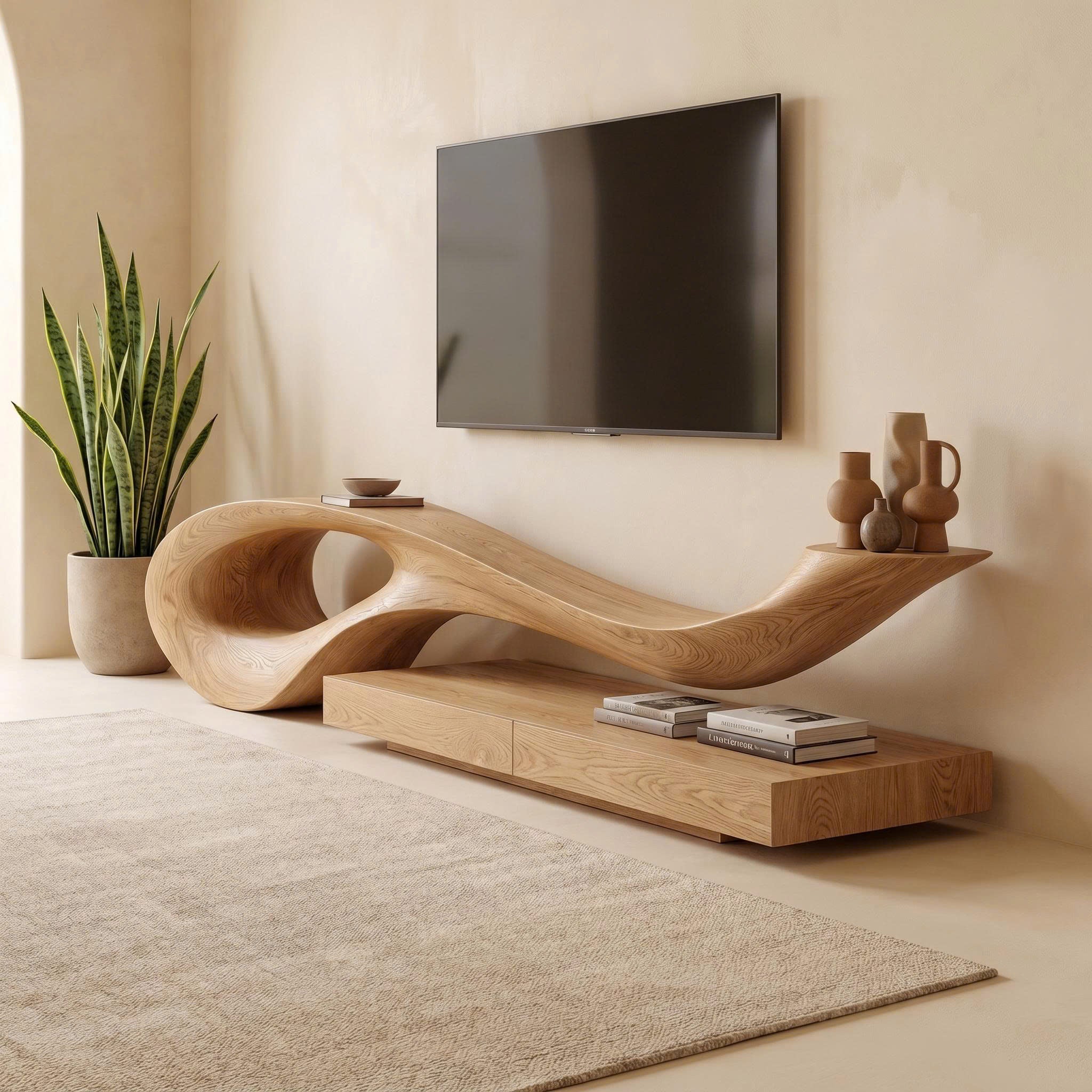 Sculptural TV Cabinet With Unique Flowing Curve Wood Base And Solid Wood Media Console For Living Room SINLKITC036