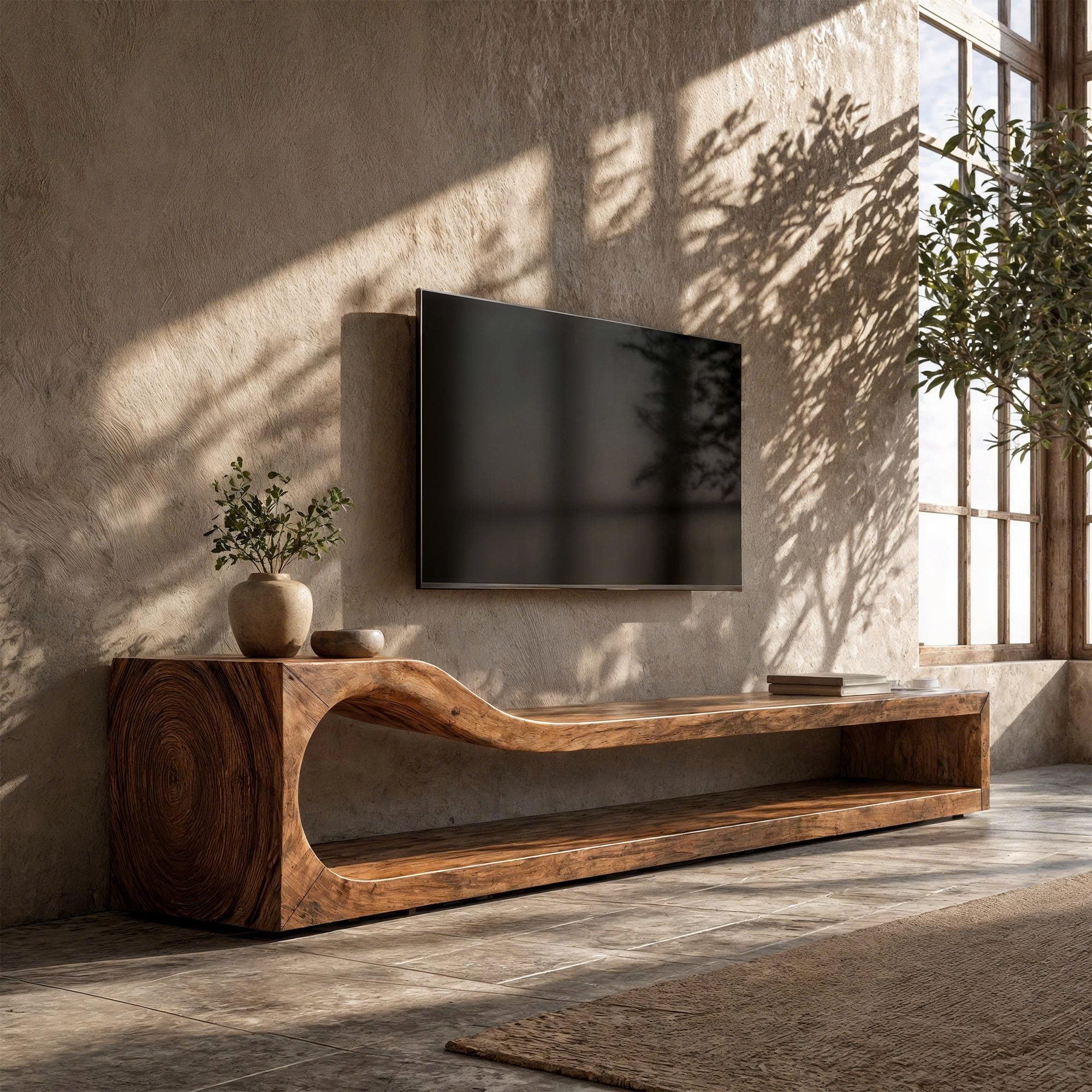 Organic TV Cabinet With Sculptural Wave Wood Base And Solid Wood Media Console For Living Room SINLKITC033