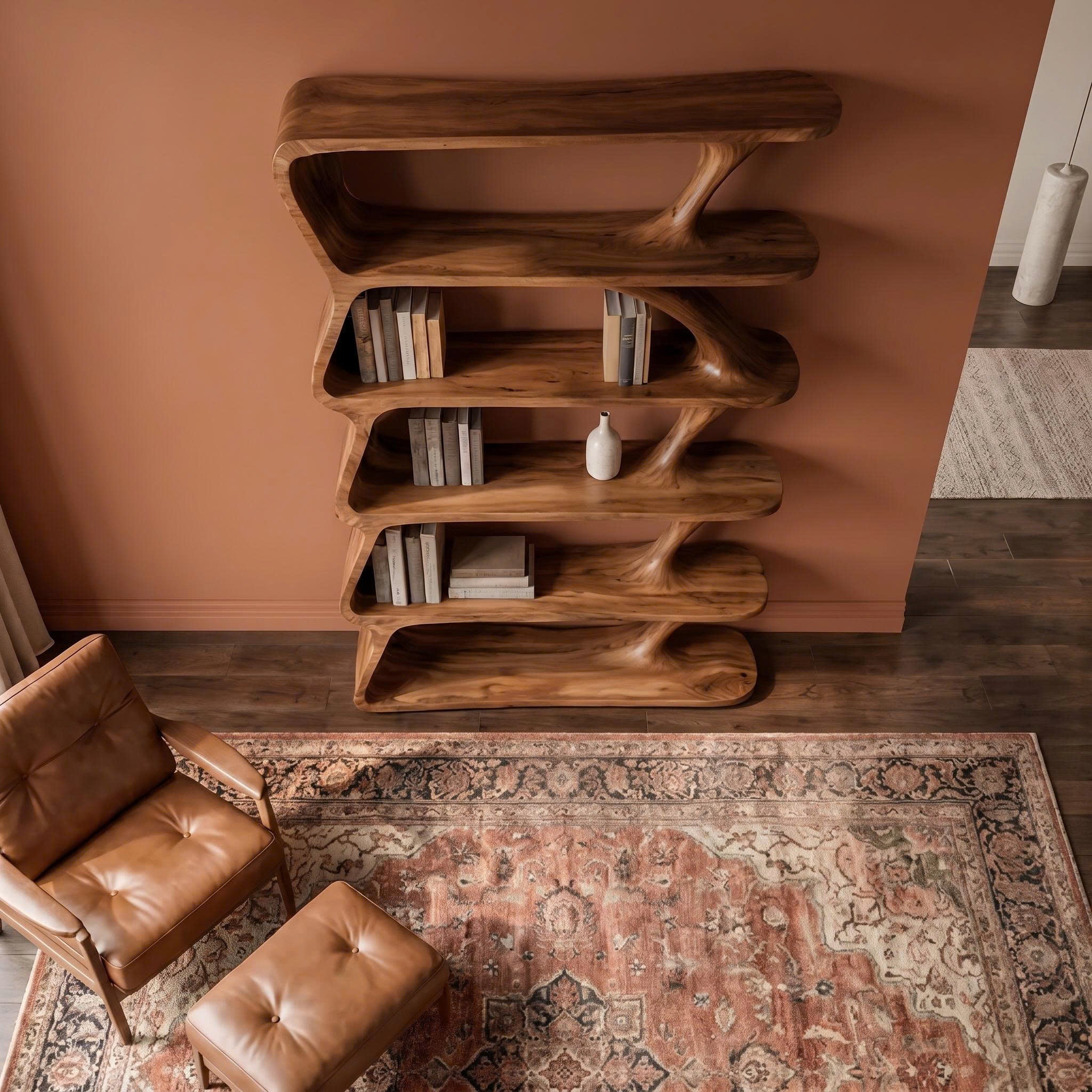 Modern Organic Bookshelf With Sculptural Asymmetrical Shelves And Solid Wood Frame For Living Room SINLKIBS038