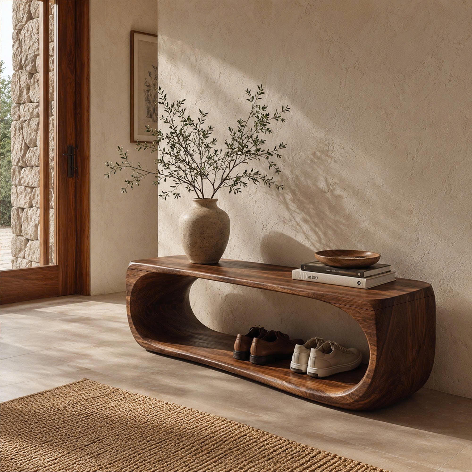 Organic Bench With Sculptural Curved Base And Open Storage Shelf For Entryway SINLKIRS114