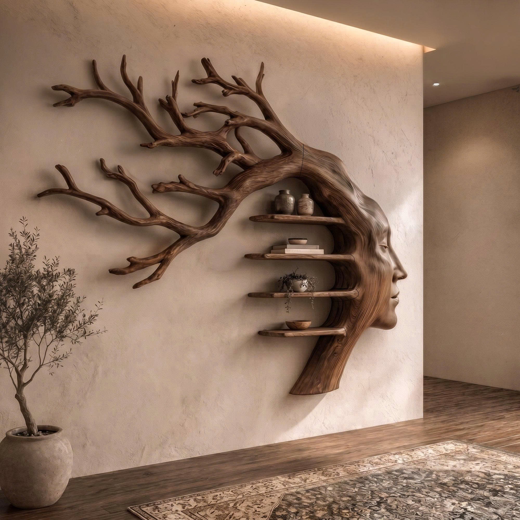 Rustic Tree Branch Wooden Wall Art With Floating Shelves For Living Room And Entryway SINLKIWD105