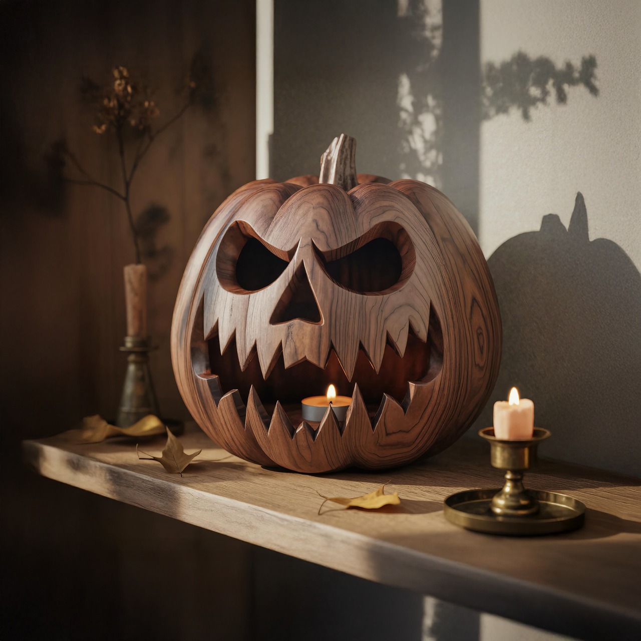 Wooden Jack O Lantern Candle Holder Rustic Halloween Pumpkin Light For Table Decor SITHTTHW002