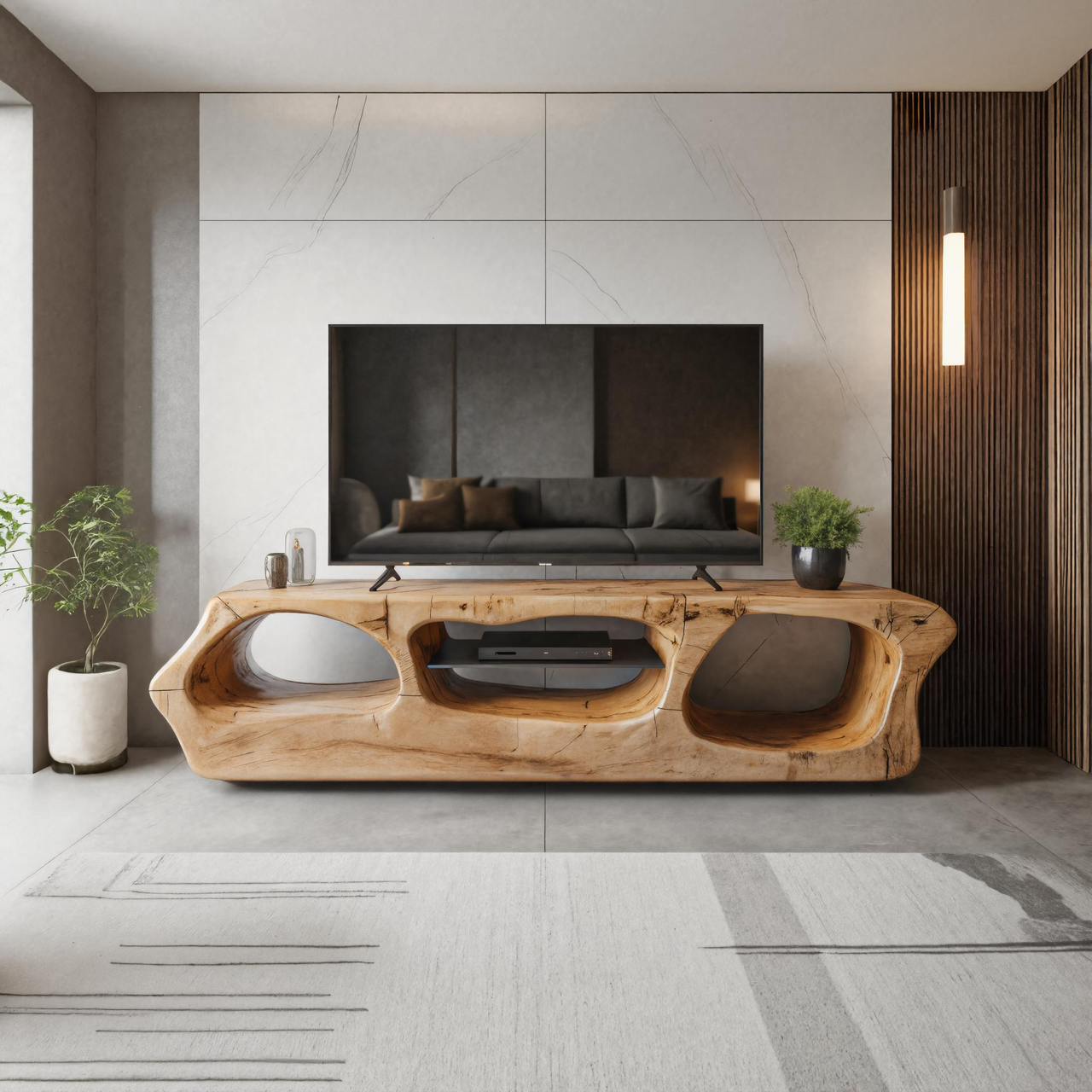 Modern Sculpted Solid Wood TV Stand With Organic Openings For Living Room SITHTTTVC015