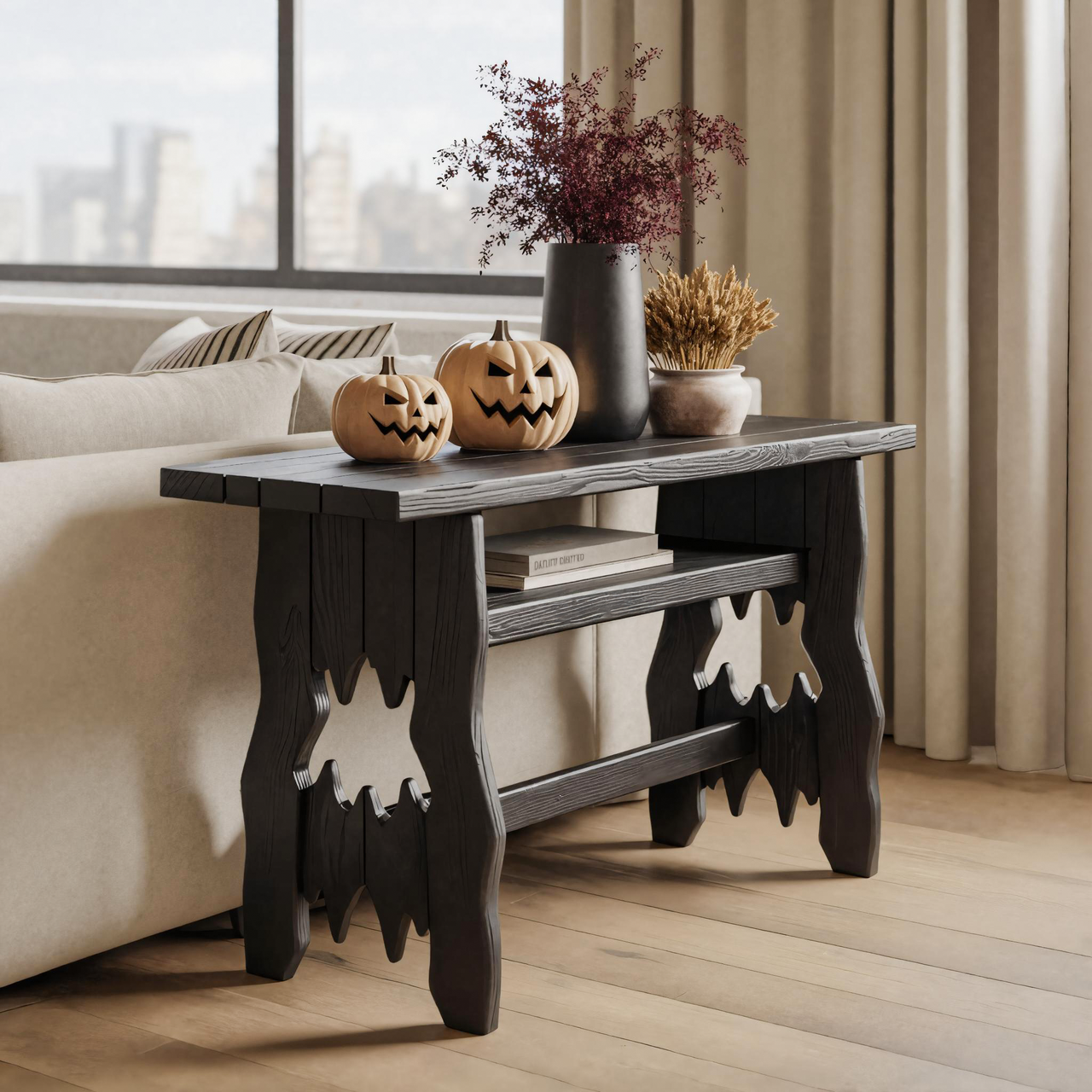 Rustic Black Wooden Console Table With Bat Cut Out Legs Halloween Decor SITHTTHW001