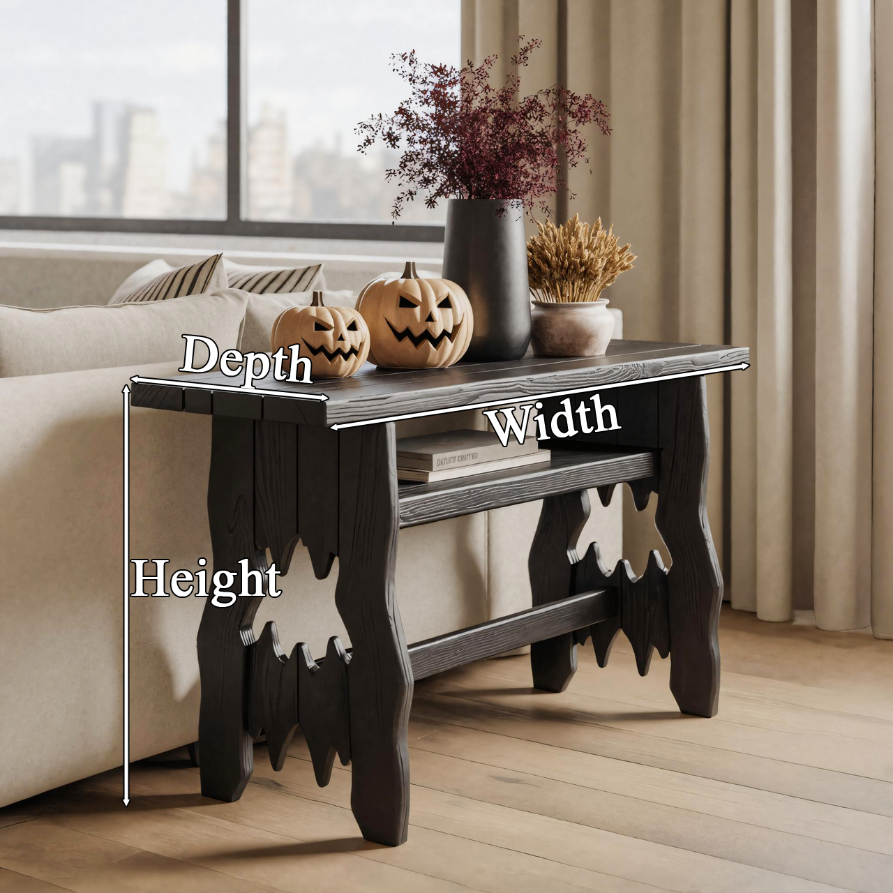 Rustic Black Wooden Console Table With Bat Cut Out Legs Halloween Decor SITHTTHW001