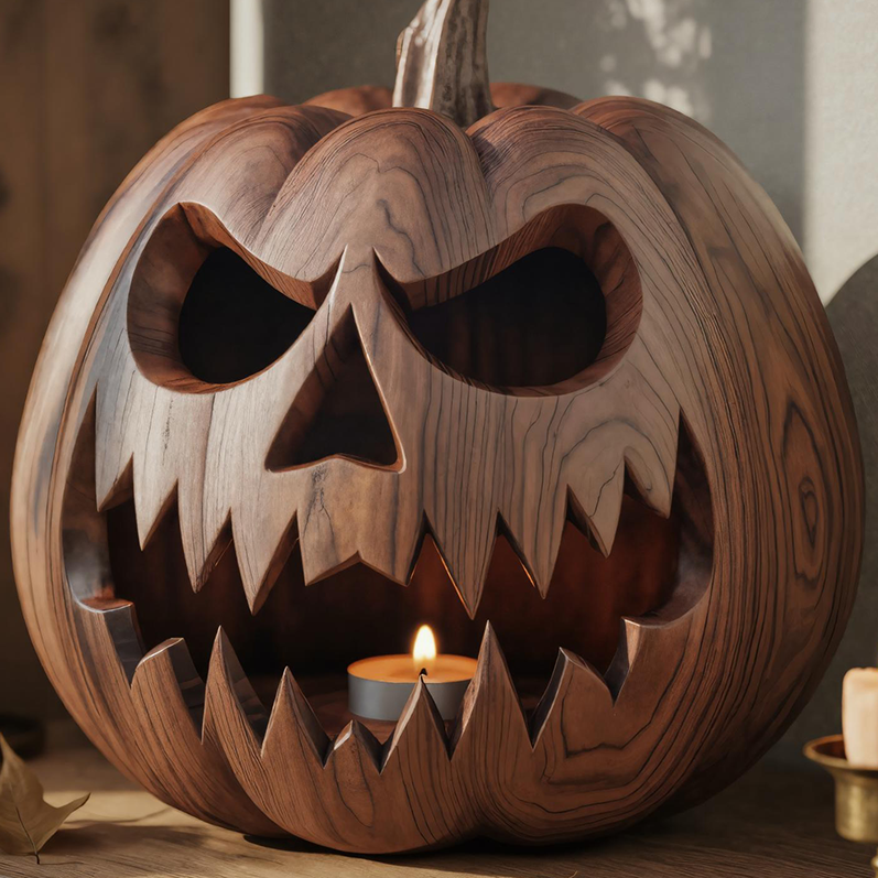 Wooden Jack O Lantern Candle Holder Rustic Halloween Pumpkin Light For Table Decor SITHTTHW002