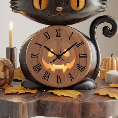 Wooden Black Cat Clock With Witch Hat For Halloween Mantel Decor SITHTTHW001