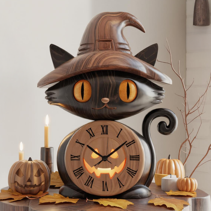 Wooden Black Cat Clock With Witch Hat For Halloween Mantel Decor SITHTTHW001