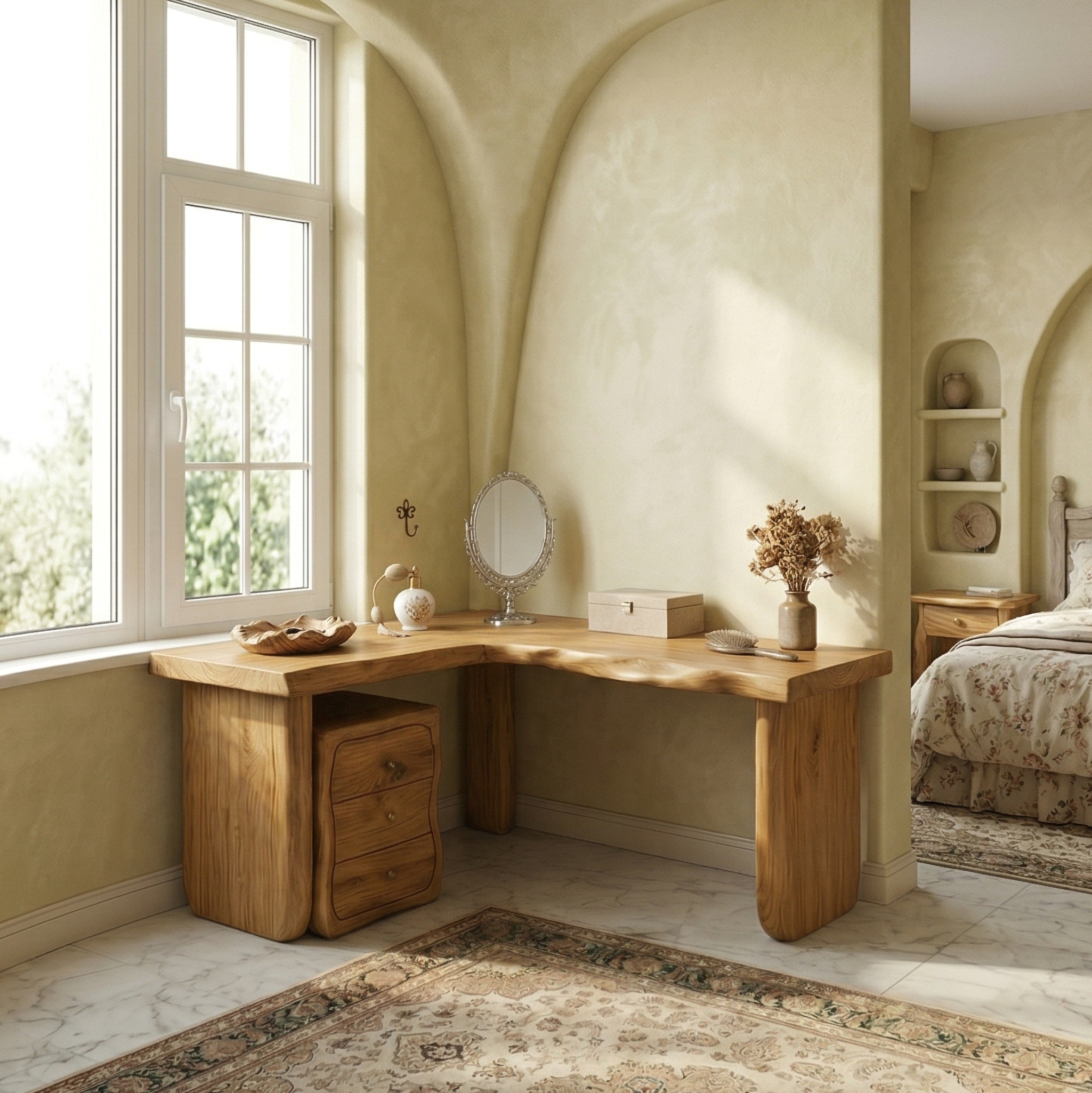 Minimal Organic Vanity Table Makeup Desk Corner L Shape Bedroom And Vanity Area SINLSABDT063