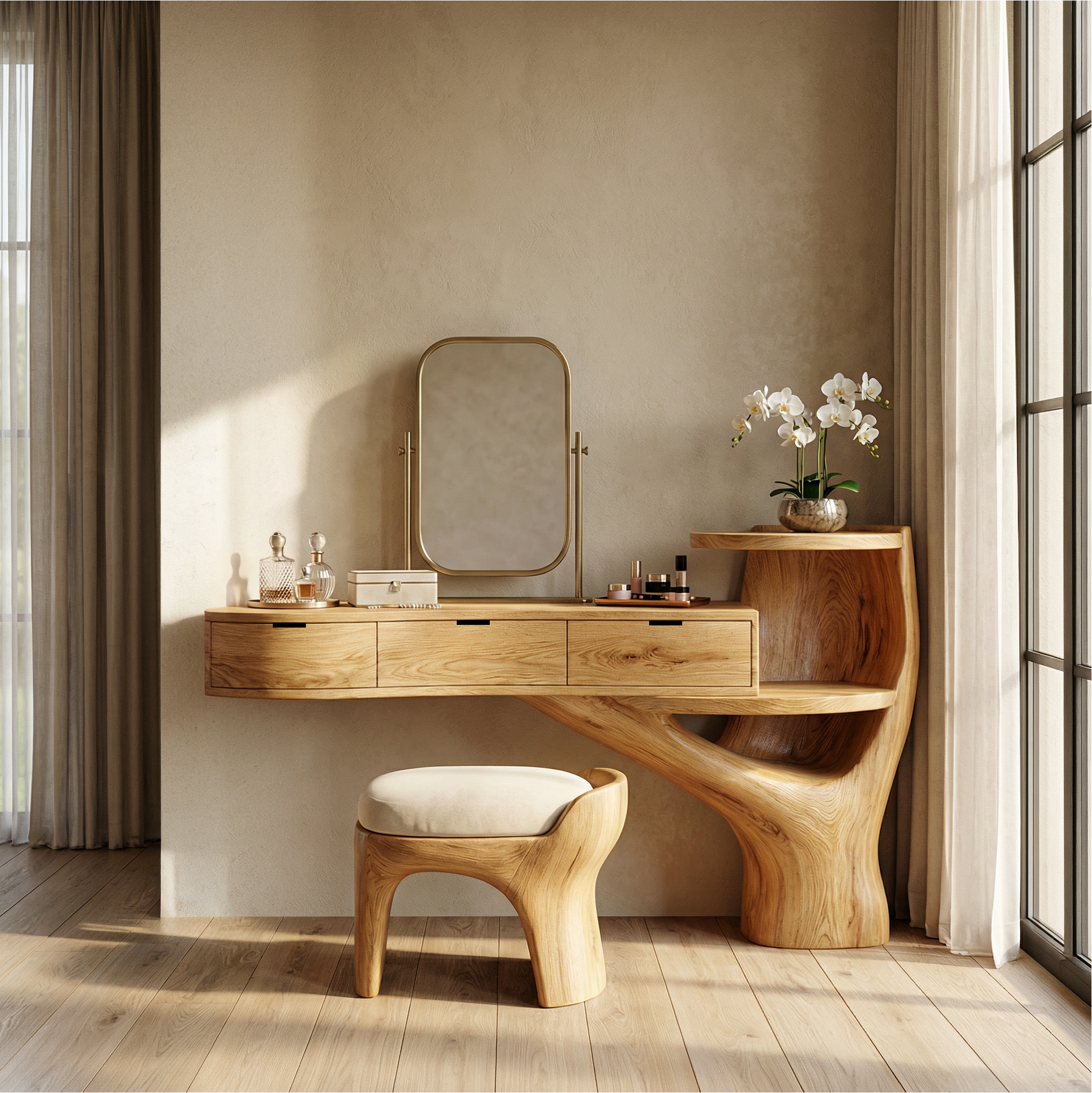 Organic Tree Base Floating Dressing Table With Drawers Makeup Vanity Desk For Bedroom SINLSABDT069