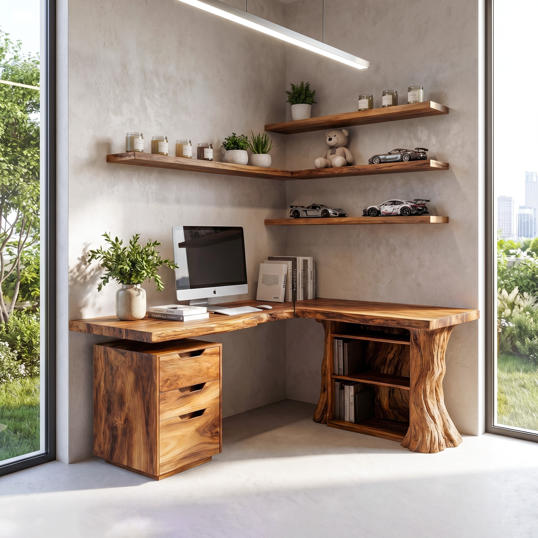 Organic Tree Branch Corner Desk Integrated Wall Shelf Design Home Office And Study Room SINLHADK105