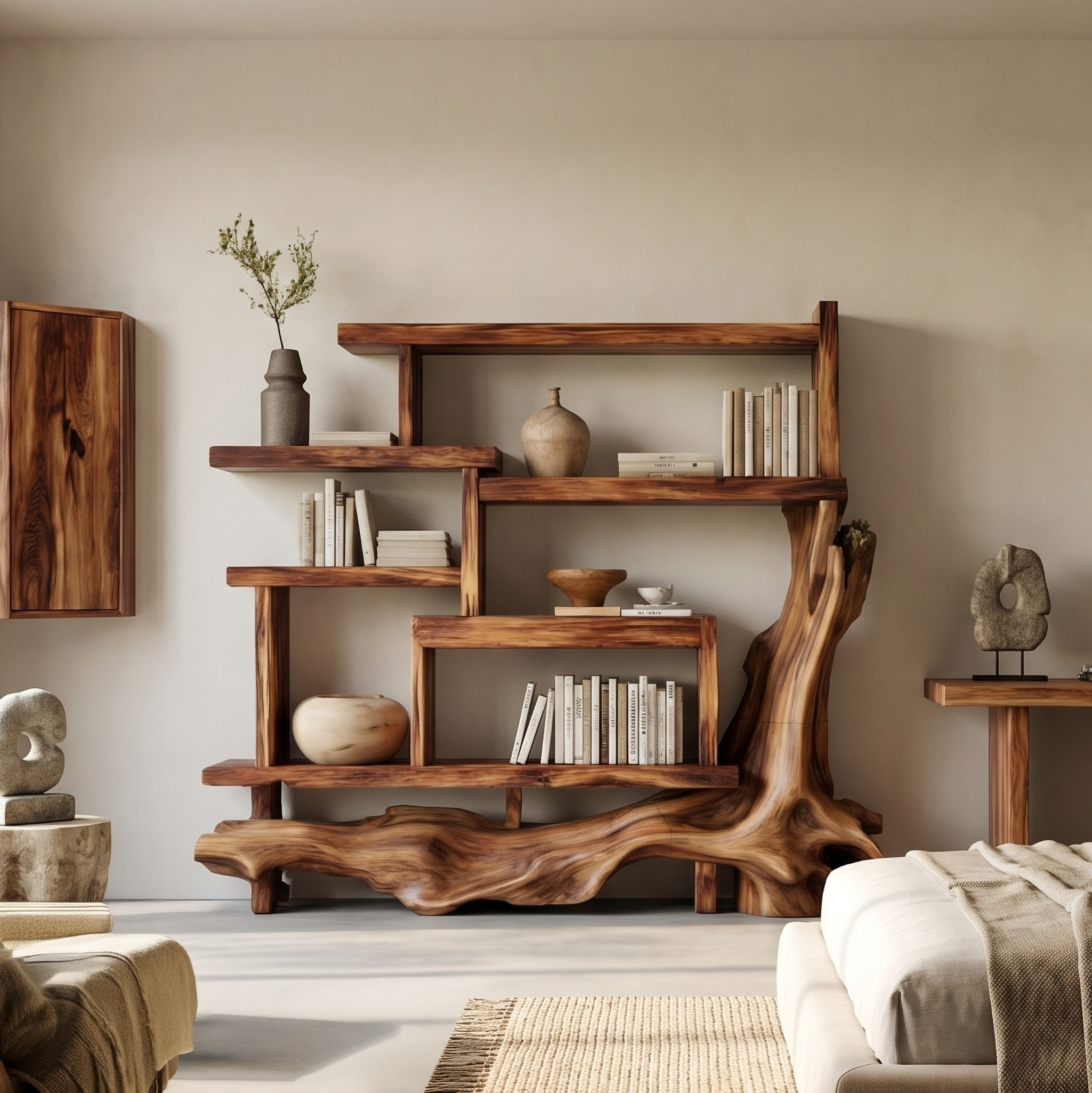 Organic Unique Wood Display Shelf For Living Room And Office SINLSABS002