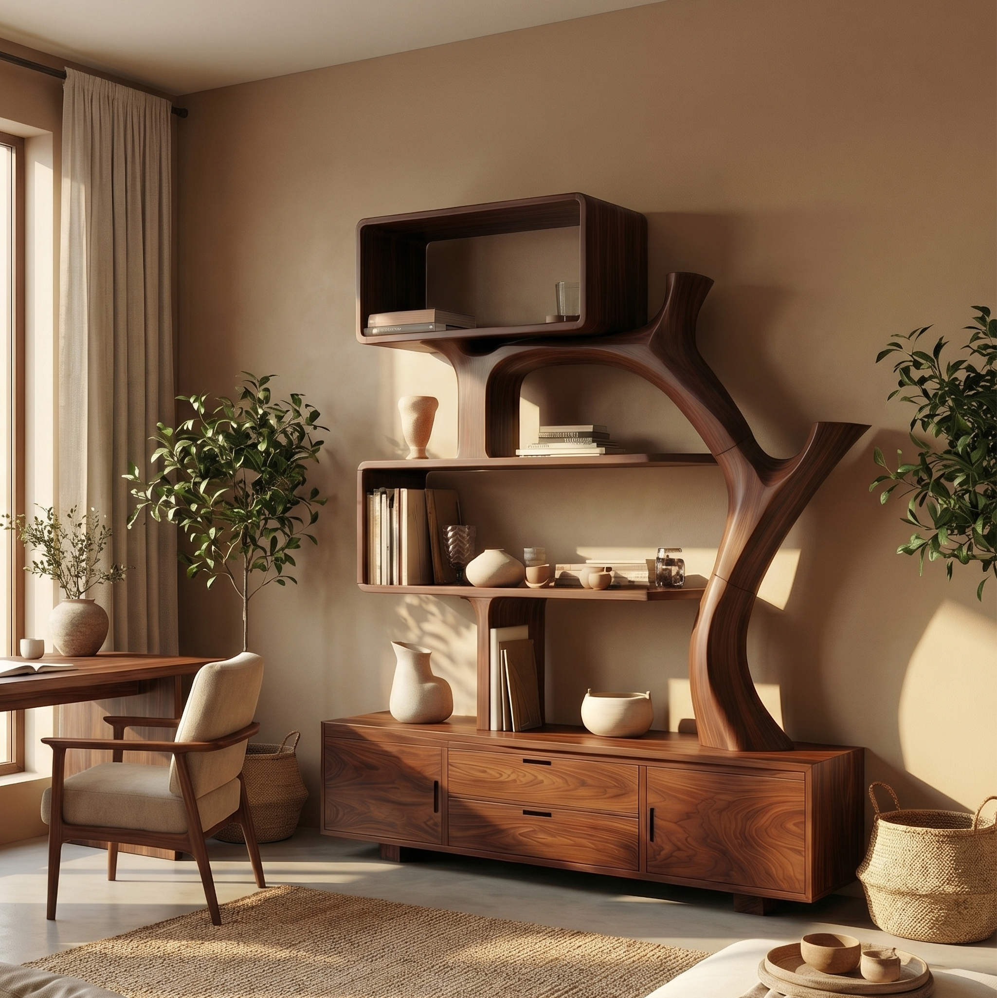 Sculptural Wood Display Shelf With Storage For Living Room SINLSABS010