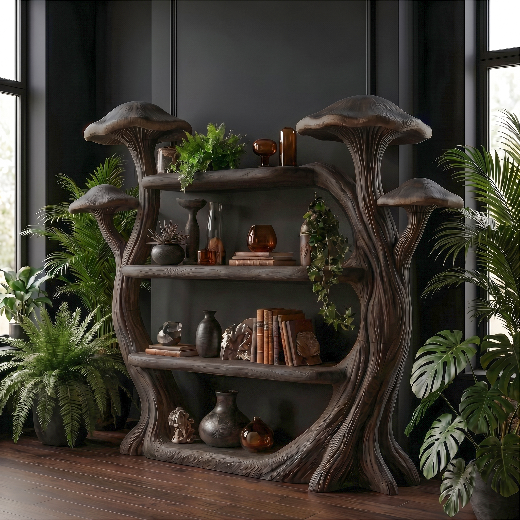 Natural Wood Mushroom Bookcase For Living Room And Reading Room SINLSATB727