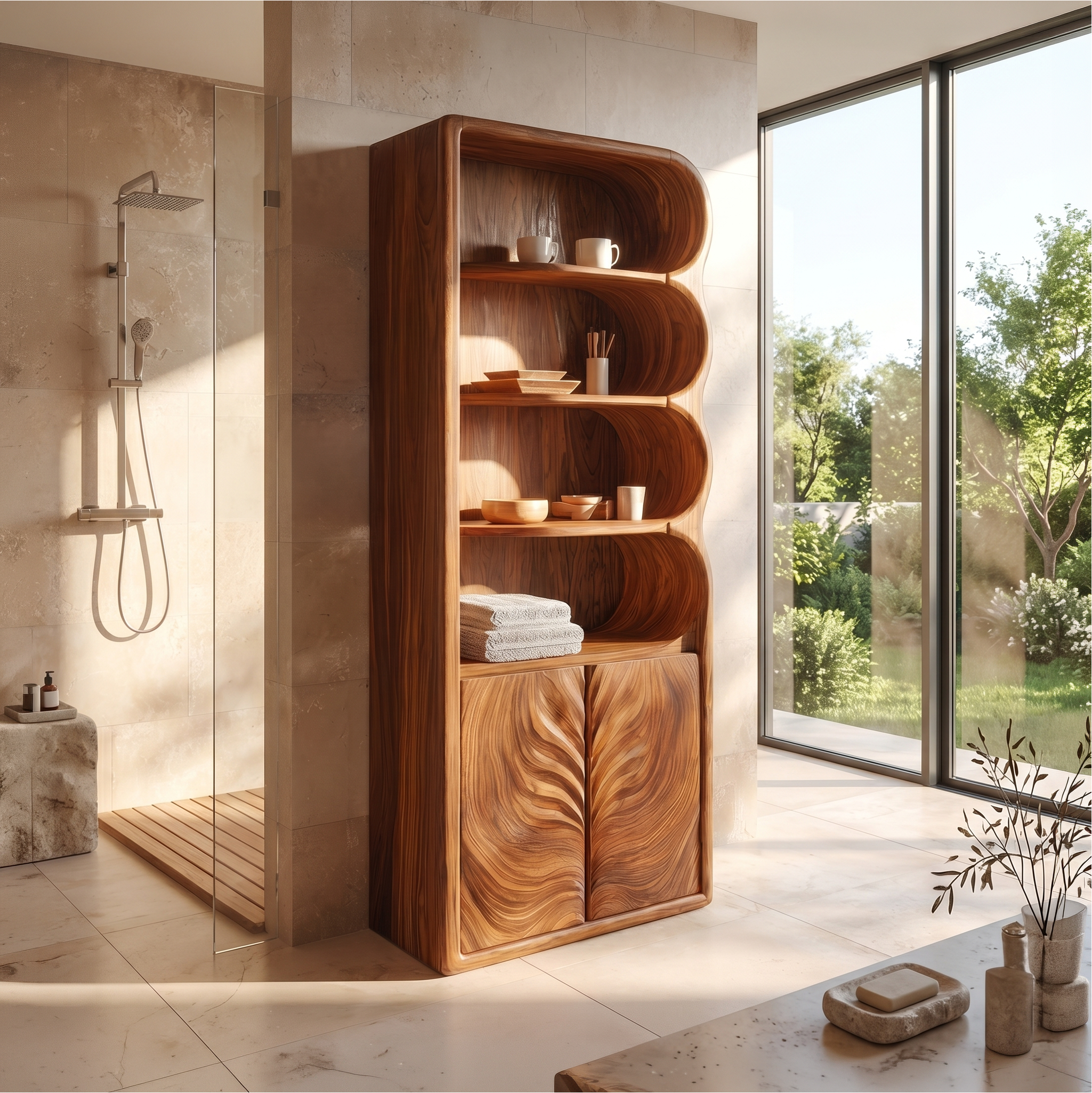 Modern Organic Bathroom Storage Cabinet With Curved Shelves And Carved Wooden Doors For Bathroom SINLSABCT021