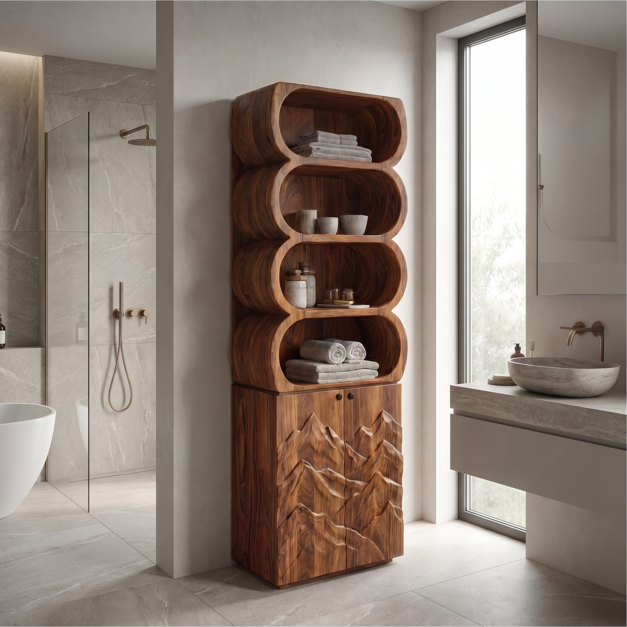 Minimal Bathroom Cabinet With Rounded Shelves And Sculpted Wooden Door SINLSABCT024