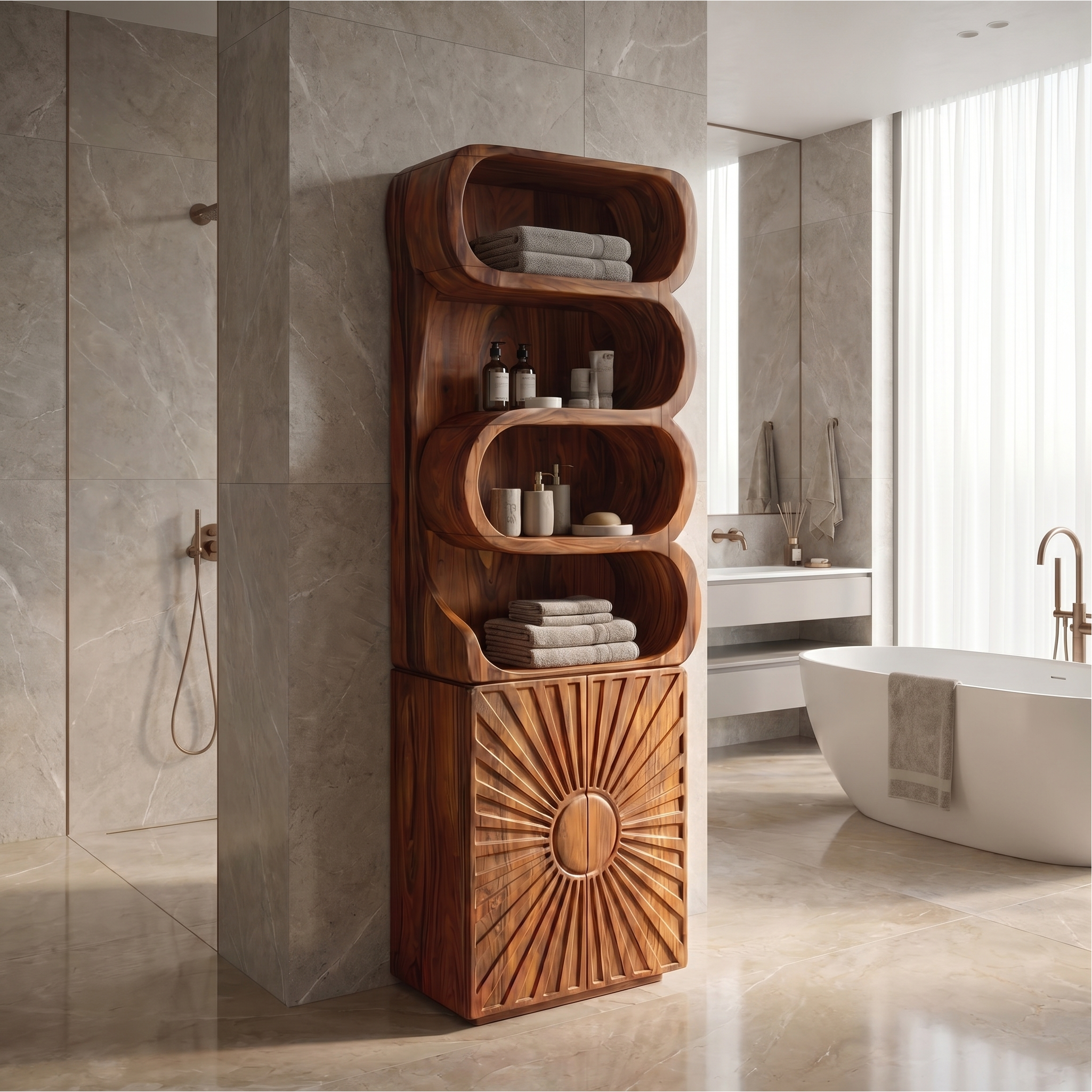 Organic Bathroom Cabinet With Open Shelving And Sculpted Wood Door For Bathroom SINLSABCT025