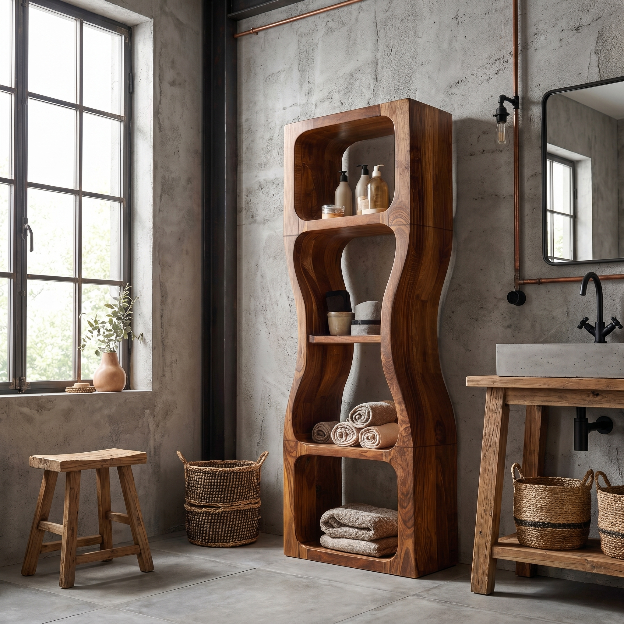 Rustic Modern Bathroom Storage Cabinet With Sculptural Wave Design And Open Shelves For Bathroom SINLSABCT027